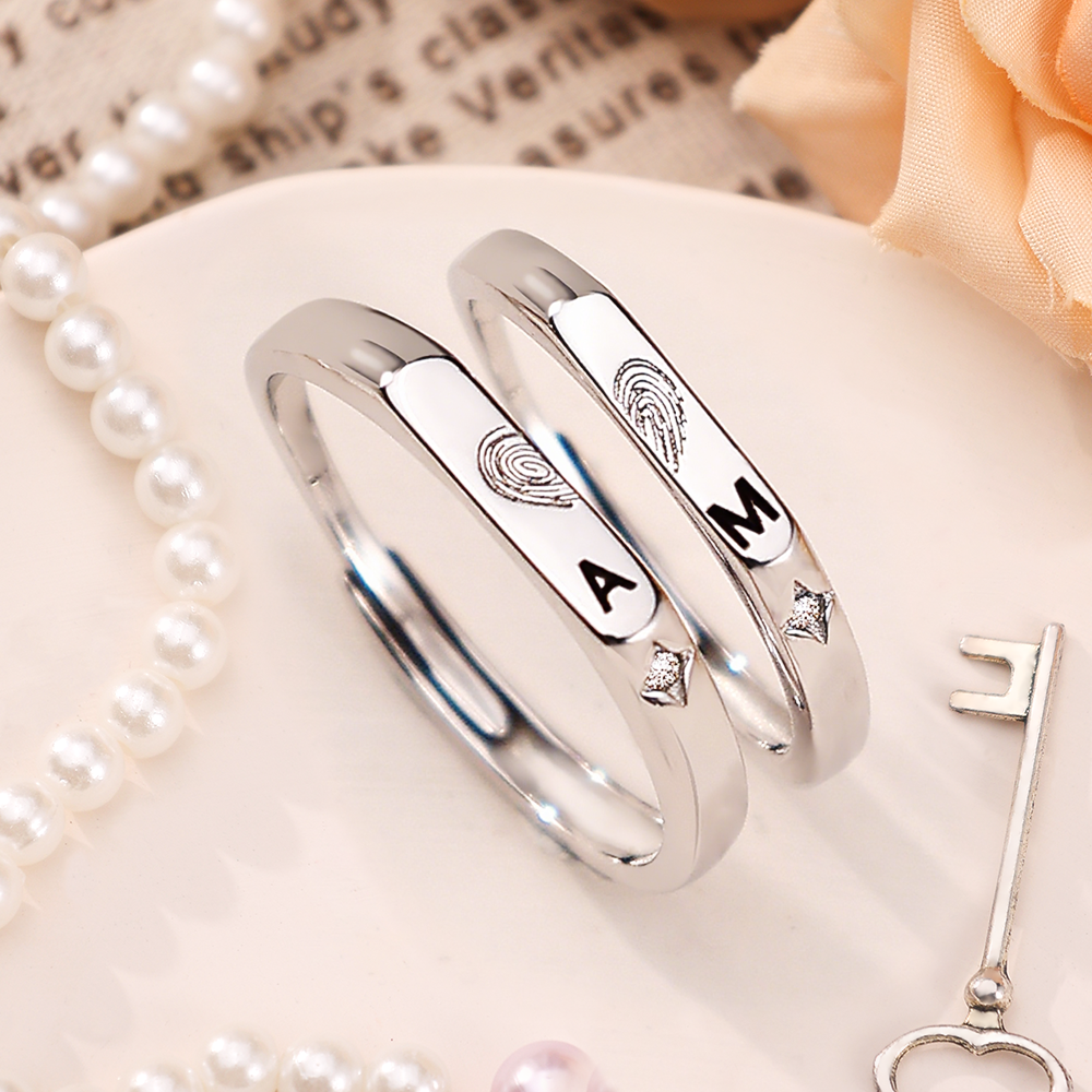 Bague en Argent 925 Réglable Couple 2PCS 2 Lettres Personnalisée Alliance｜Jessemade