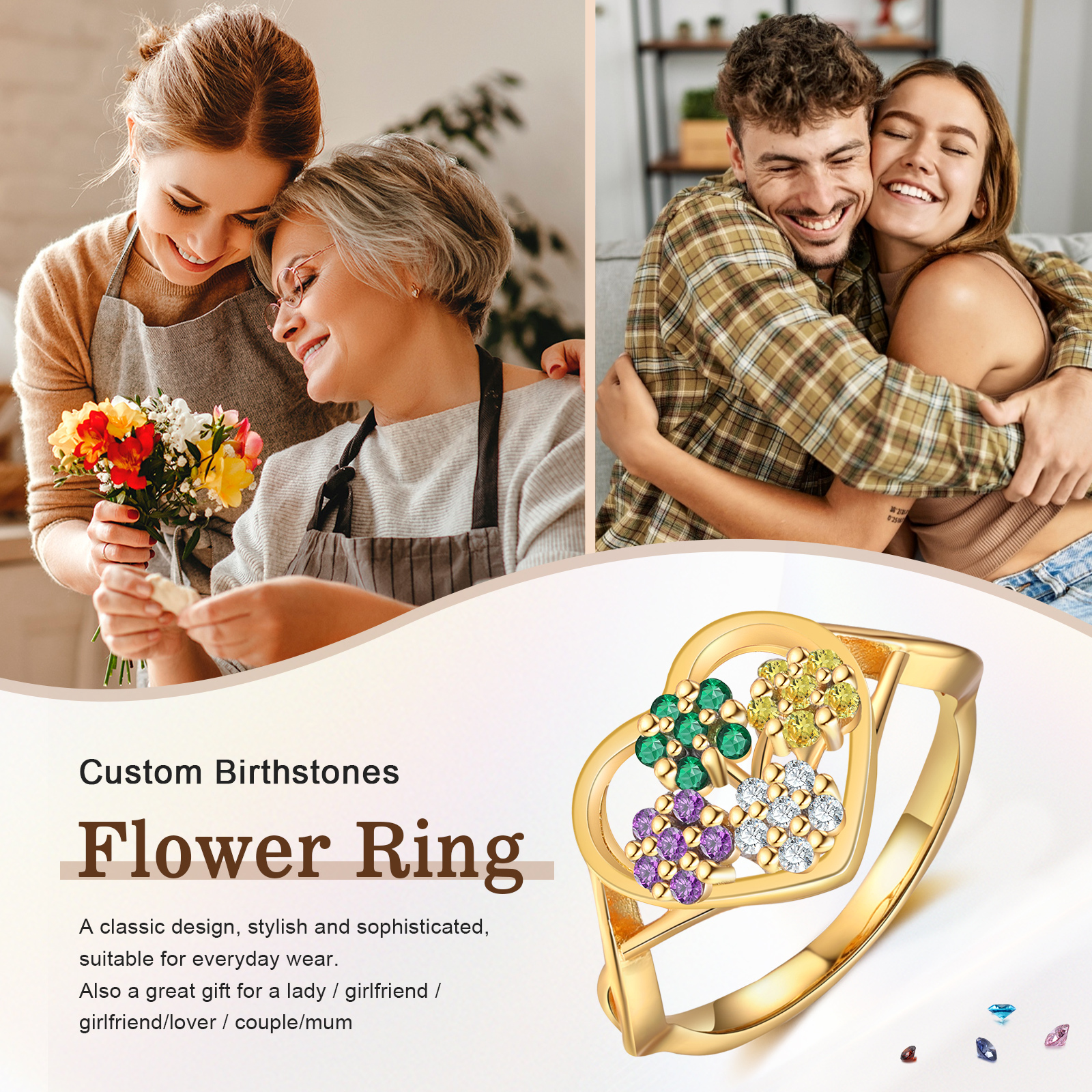 Bague Fleur avec 4 Pierres de Naissance - Cadeau pour Femme