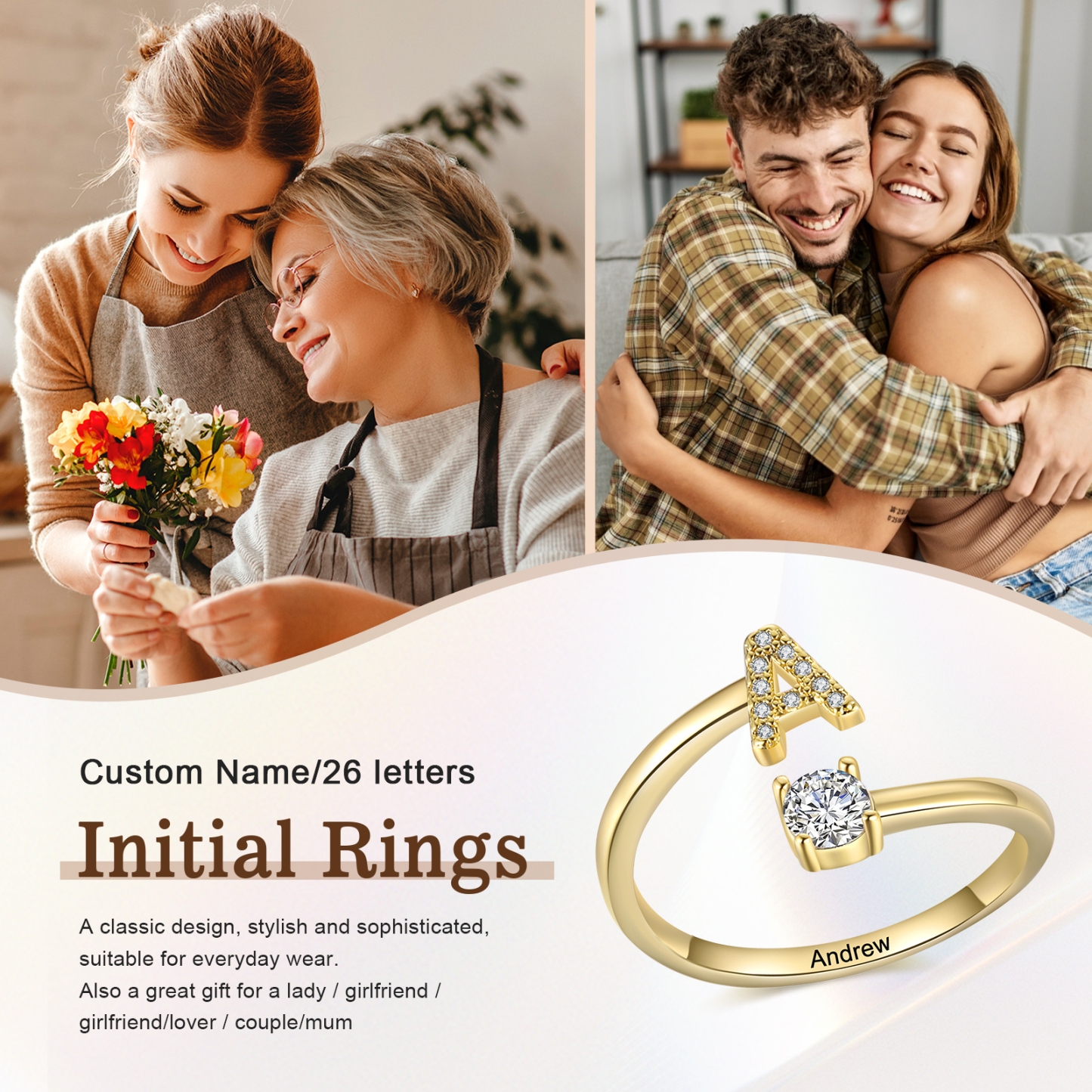 Bague Initiale en Zirconium 1 lettre personnalisé Cadeau pour femme