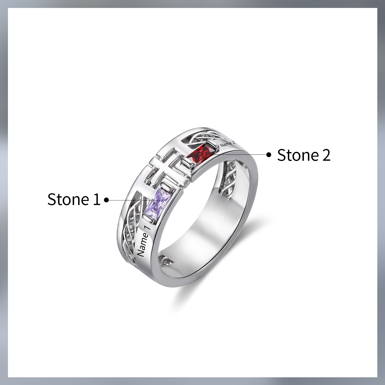 Bague Personnalisée avec 2 Noms et 2 Pierres de Naissance - Cadeau Pour Homme | Jessemade