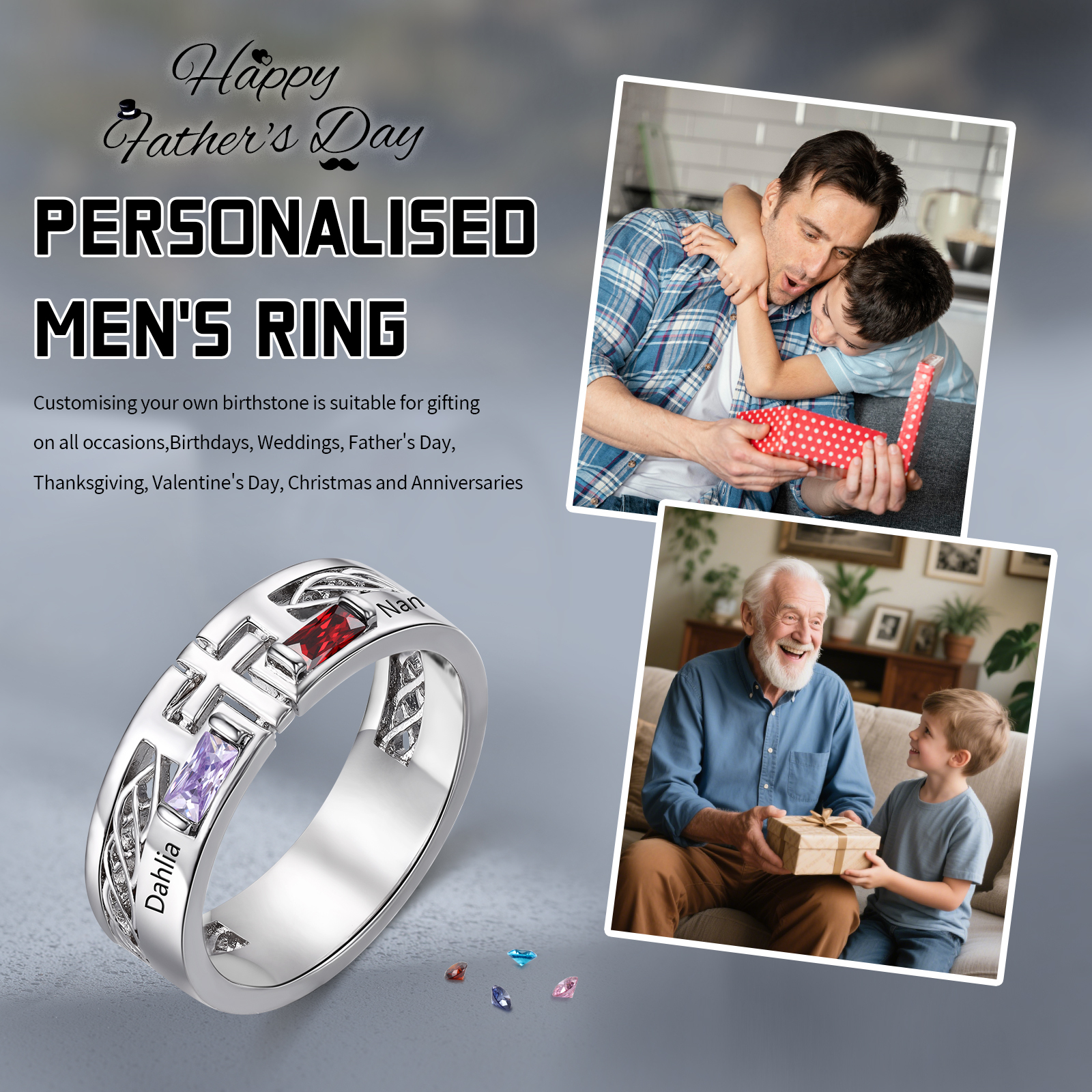 Bague Personnalisée avec 2 Noms et 2 Pierres de Naissance - Cadeau Pour Homme | Jessemade