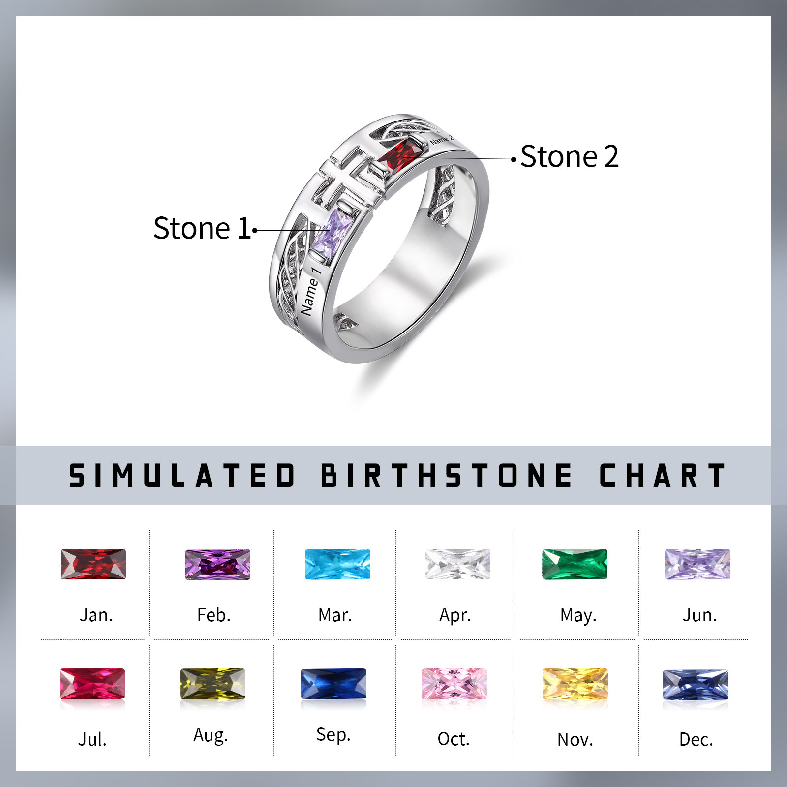 Bague Personnalisée avec 2 Noms et 2 Pierres de Naissance - Cadeau Pour Homme | Jessemade