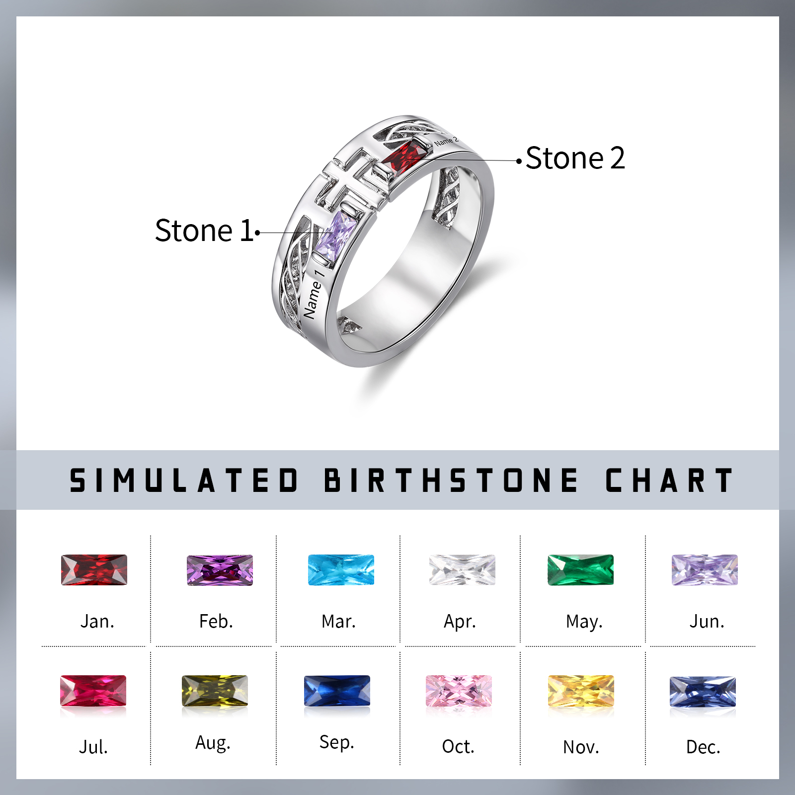 Bague Personnalisée avec 2 Noms et 2 Pierres de Naissance - Cadeau Pour Homme | Jessemade