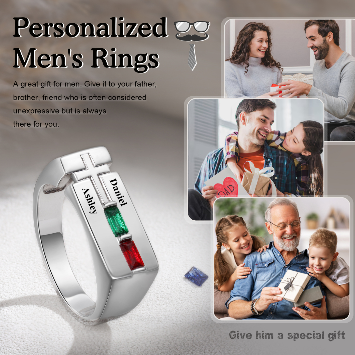 Bague Homme Personnalisée avec 2 Noms et 2 Pierres de Naissance | Jessemade