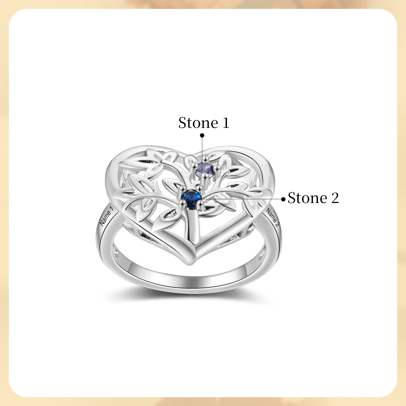 Bague Arbre de Vie Personnalisée – Anneau Cœur avec Pierres de Naissance et Gravure de Noms