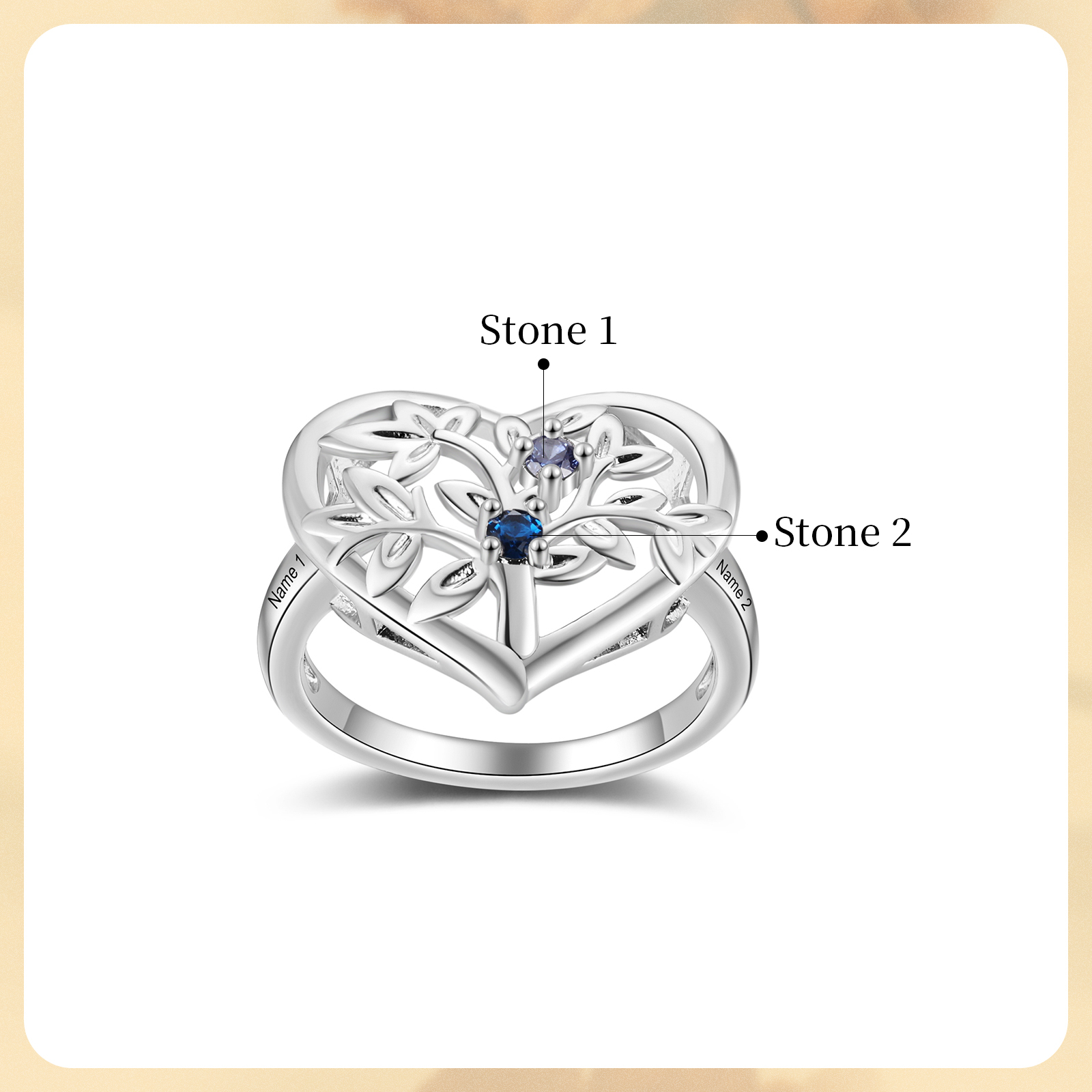 Bague Arbre de Vie Personnalisée – Anneau Cœur avec Pierres de Naissance et Gravure de Noms