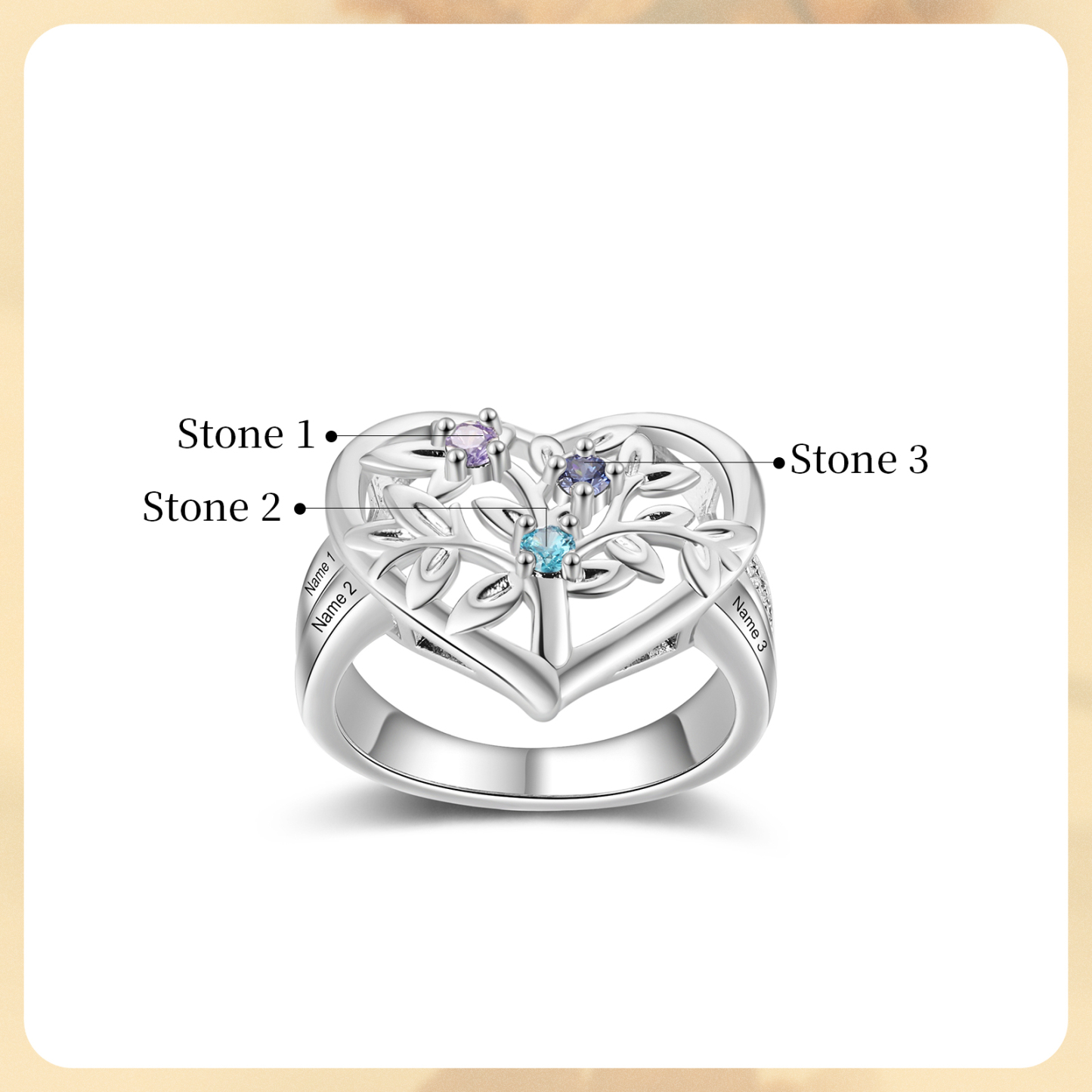 Bague Arbre de Vie Personnalisée – Anneau Cœur avec Pierres de Naissance et Gravure de Noms