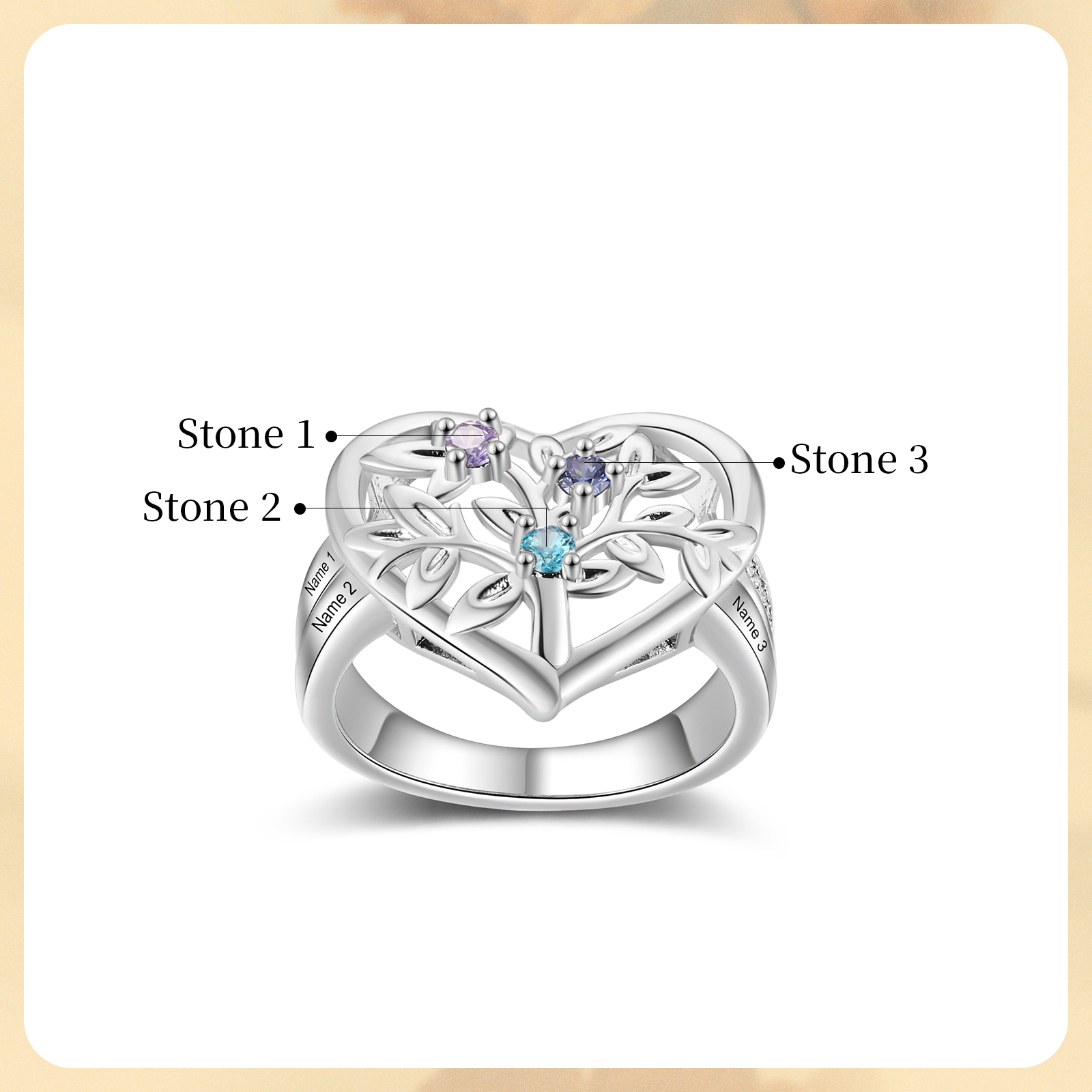 Bague Arbre de Vie Personnalisée – Anneau Cœur avec Pierres de Naissance et Gravure de Noms
