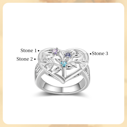 Bague Arbre de Vie Personnalisée – Anneau Cœur avec Pierres de Naissance et Gravure de Noms