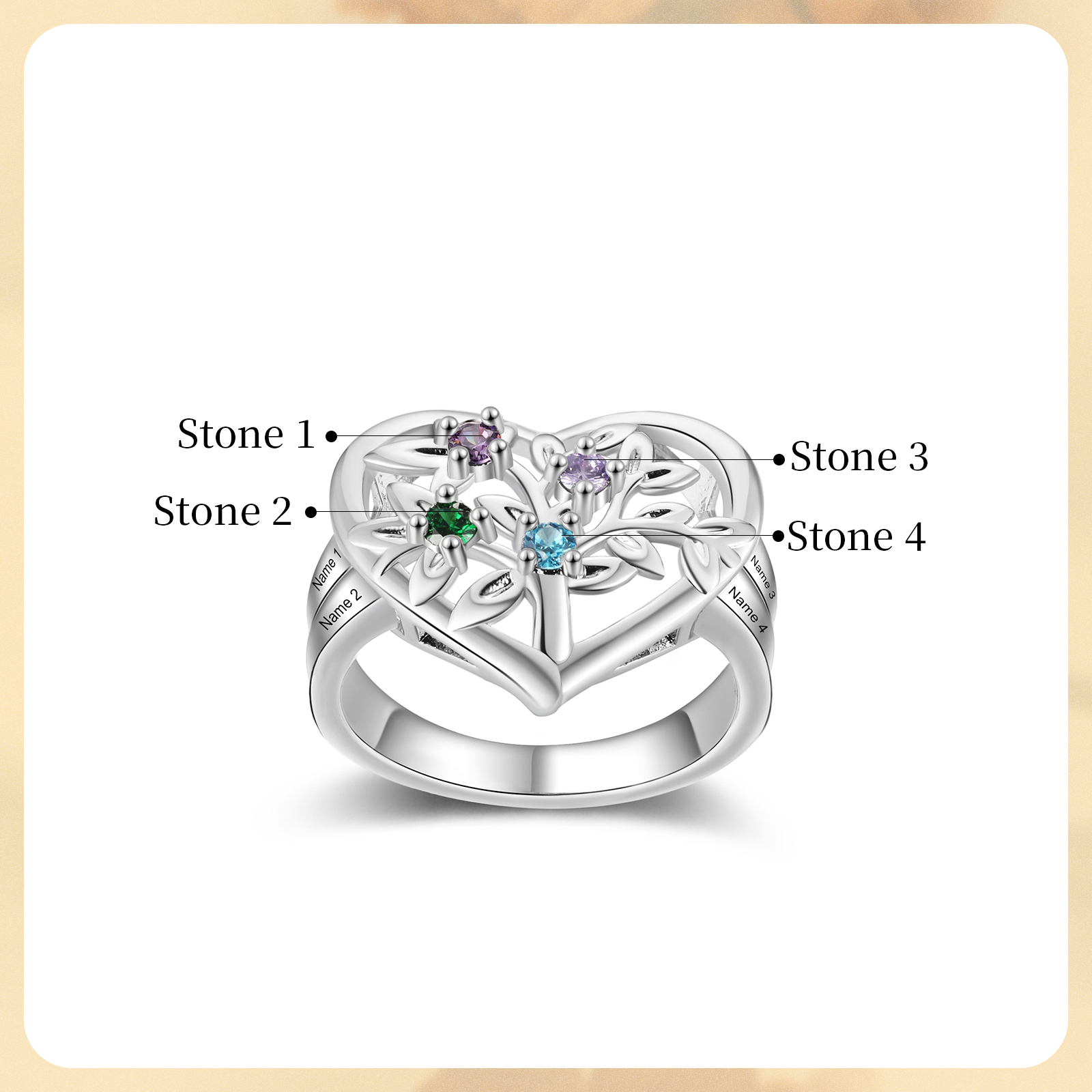 Bague Arbre de Vie Personnalisée – Anneau Cœur avec Pierres de Naissance et Gravure de Noms