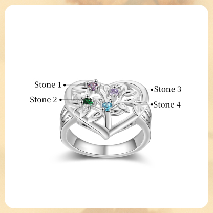 Bague Arbre de Vie Personnalisée – Anneau Cœur avec Pierres de Naissance et Gravure de Noms