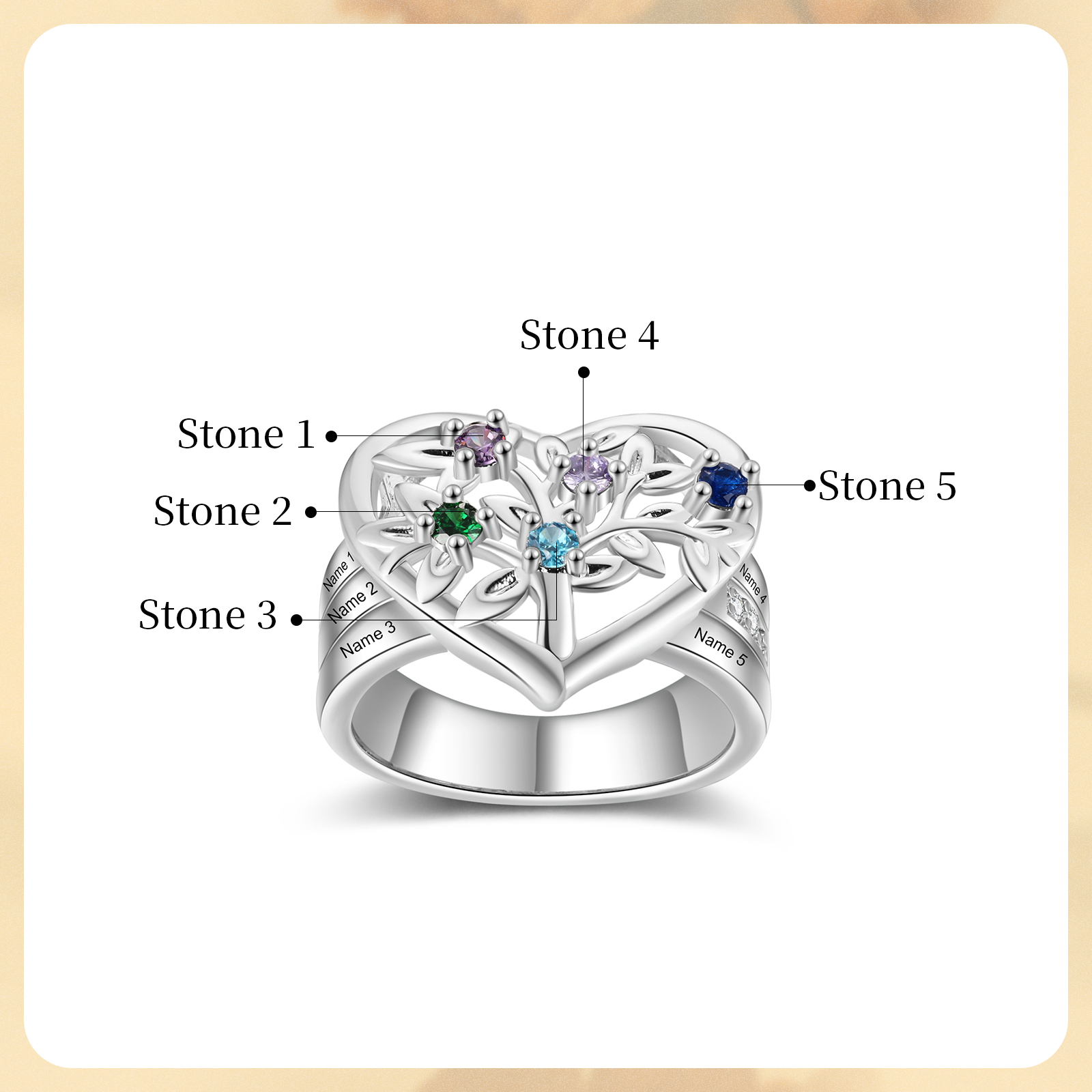 Bague Arbre de Vie Personnalisée – Anneau Cœur avec Pierres de Naissance et Gravure de Noms