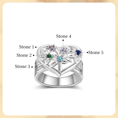Bague Arbre de Vie Personnalisée – Anneau Cœur avec Pierres de Naissance et Gravure de Noms