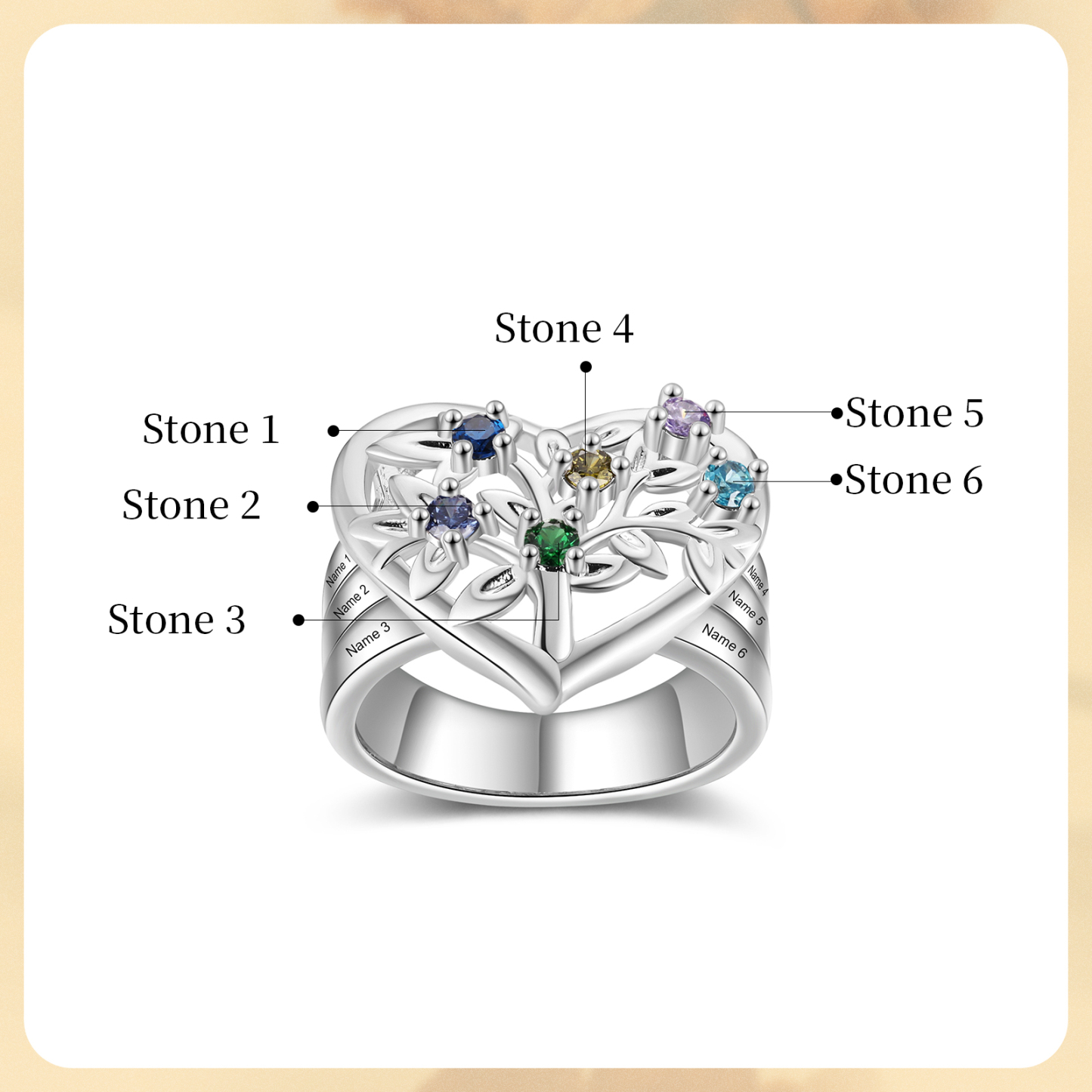 Bague Arbre de Vie Personnalisée – Anneau Cœur avec Pierres de Naissance et Gravure de Noms