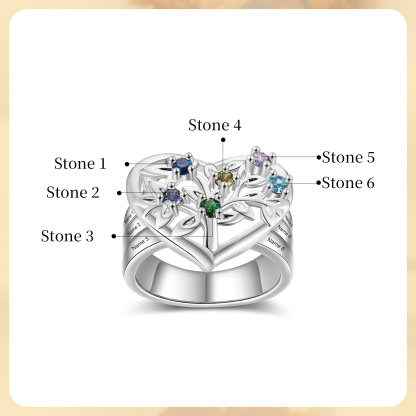 Bague Arbre de Vie Personnalisée – Anneau Cœur avec Pierres de Naissance et Gravure de Noms