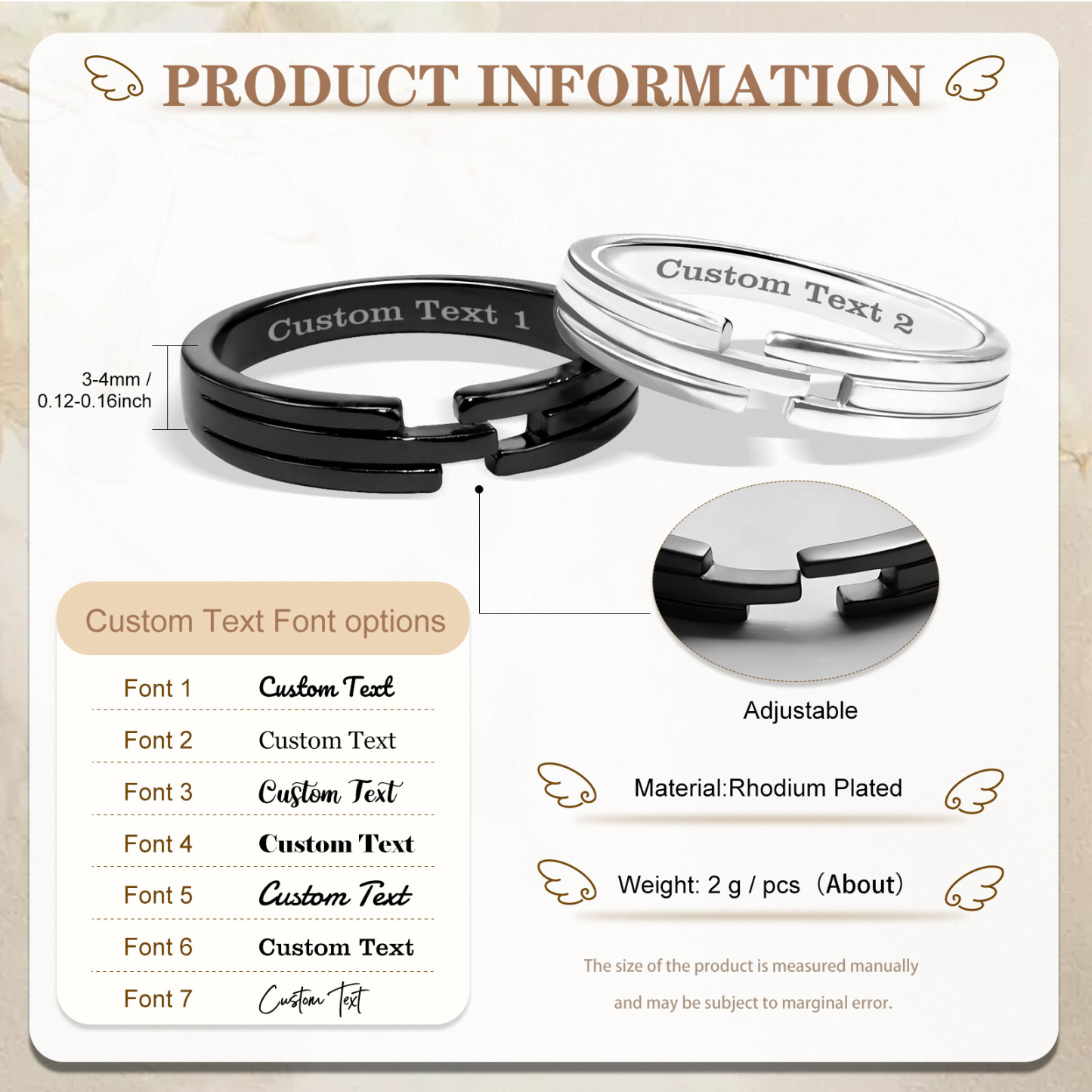 Bagues couple bicolores et ajustables, 2 Textes personnalisés