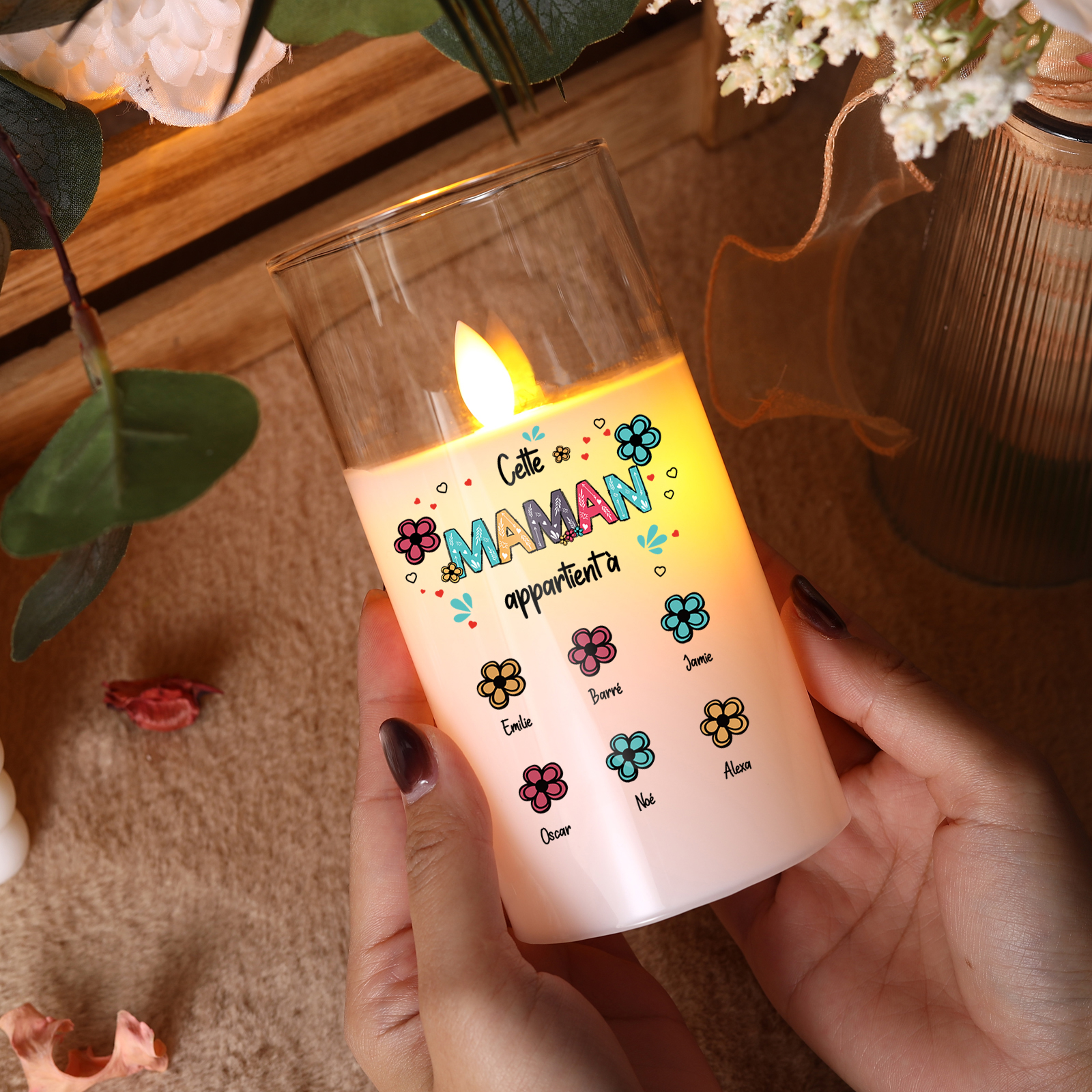 Bougies en verre LED Personnalisée « Cette maman/mamie est aimée par » - Cadeaux Fête des Mères/Grands-Mères