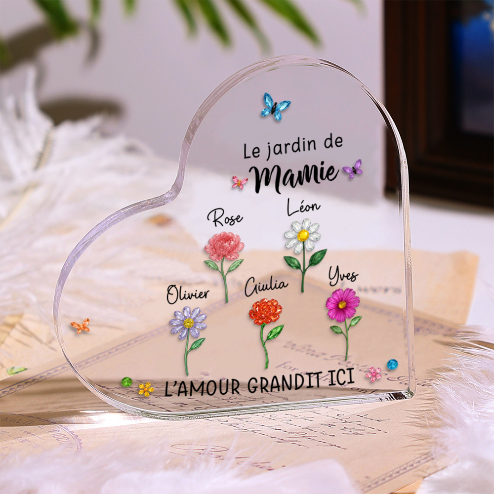 Plaque Acrylique Personnalisée Famille – Le Jardin de Maman ou Mamie avec Fleurs de Naissance et Prénoms des Enfants