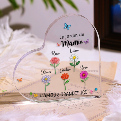 Plaque Acrylique Personnalisée Famille – Le Jardin de Maman ou Mamie avec Fleurs de Naissance et Prénoms des Enfants