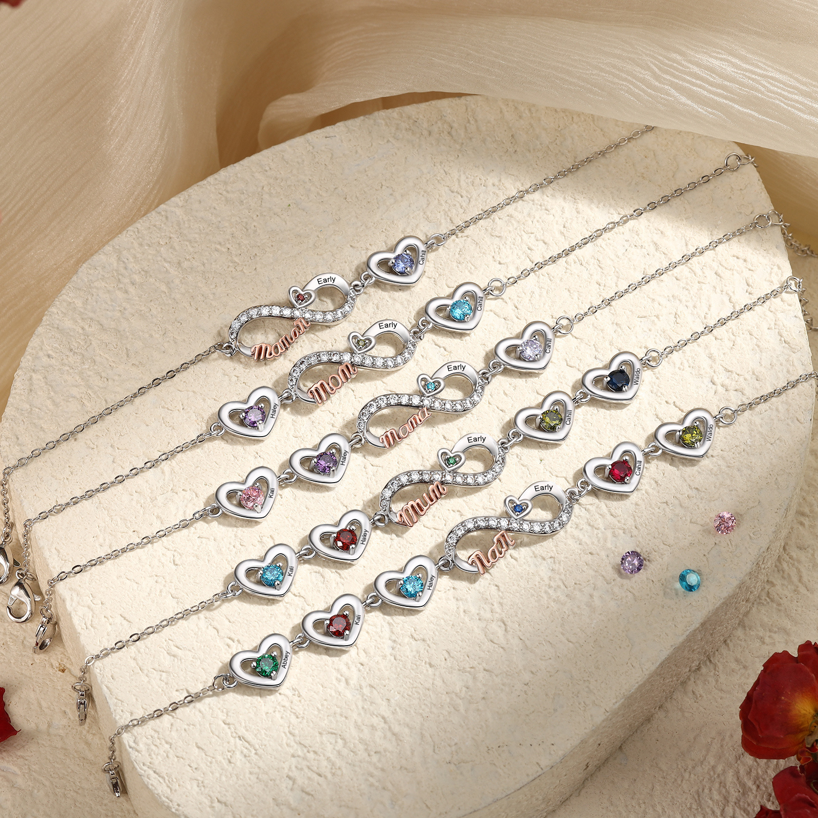 Bracelet Cœur Infini Personnalisé avec Pierres de naissance pour Maman, personnalisable avec 2 à 6 Prénoms