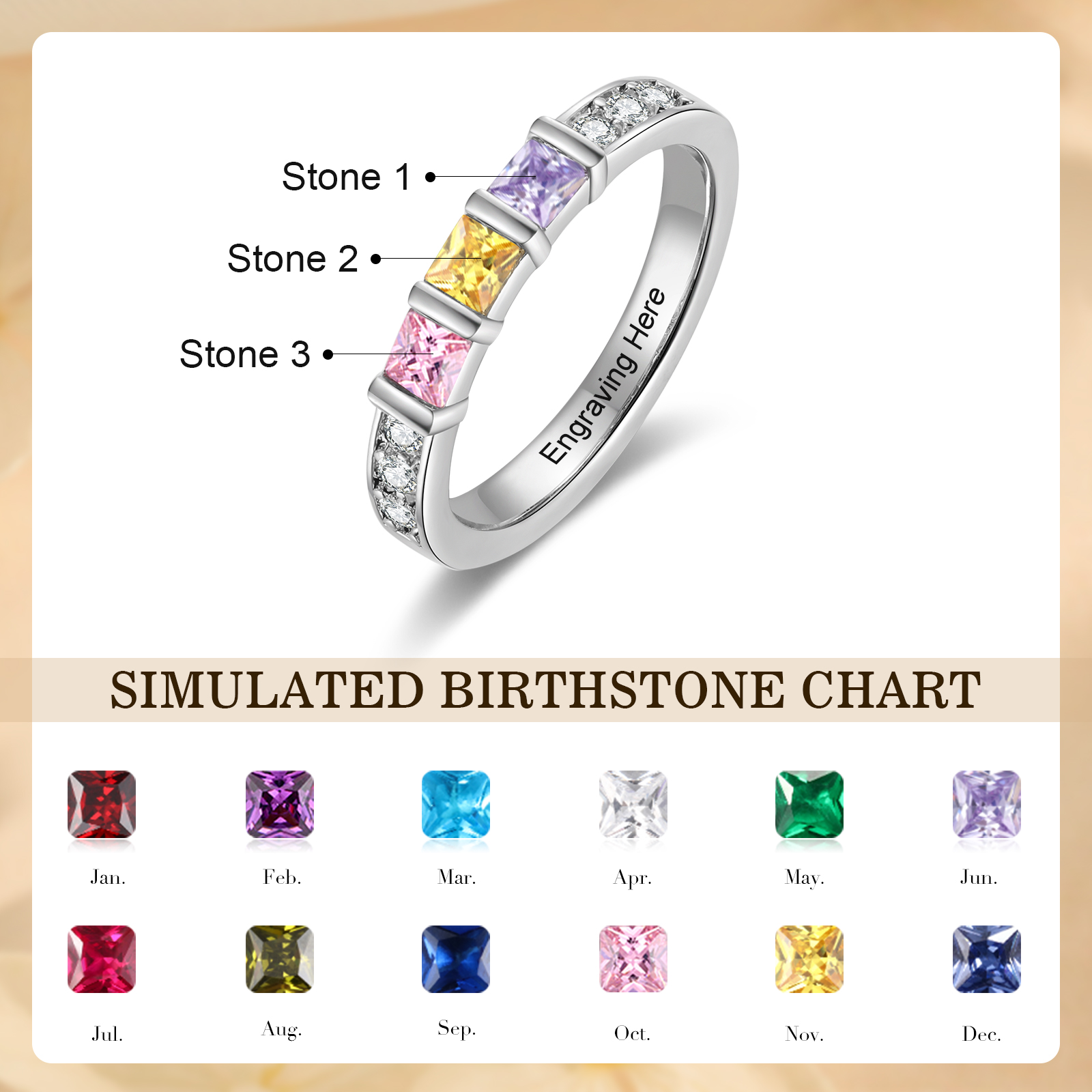 Bague Personnalisée avec 2 à 4 Pierres de Naissance, Gravure Intérieure