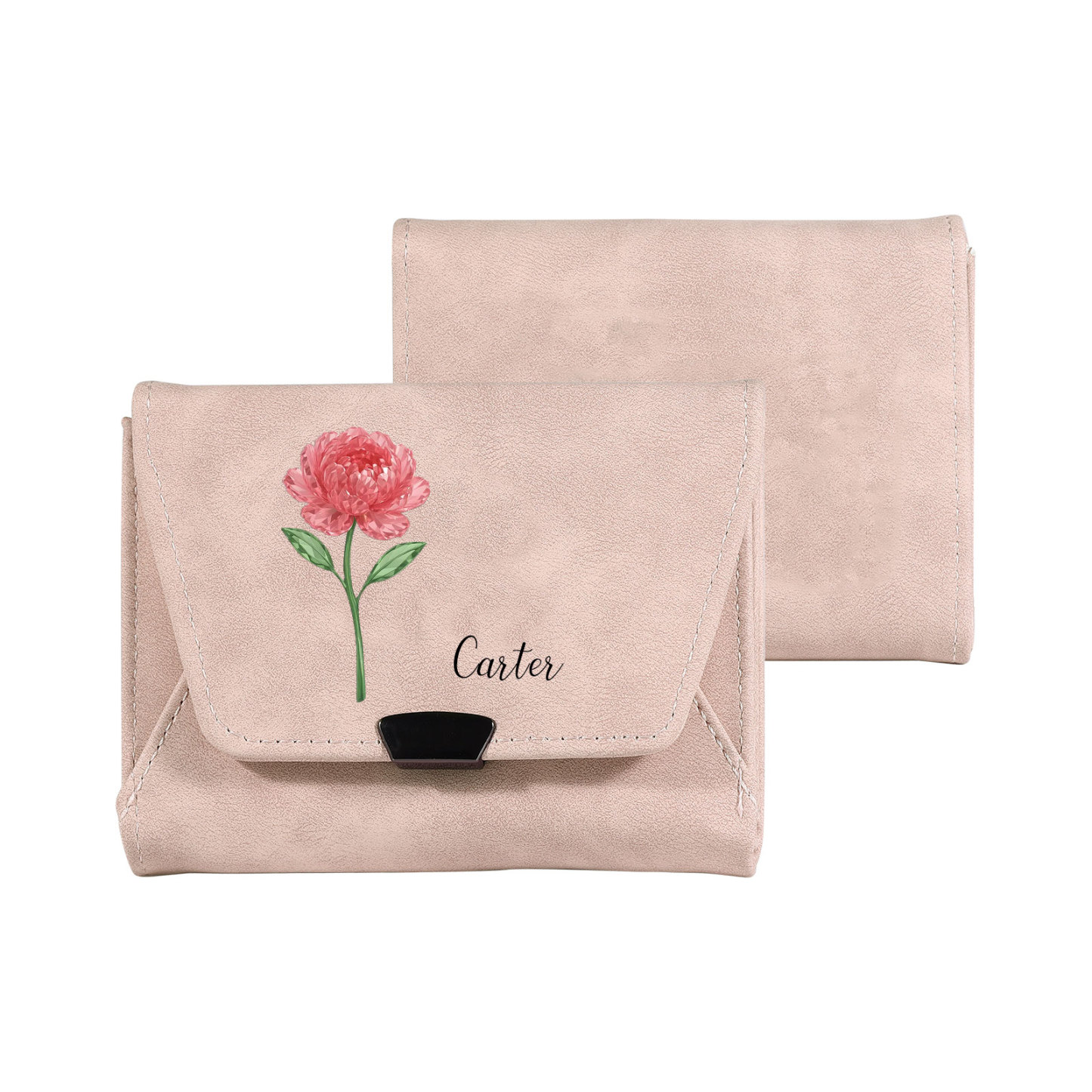 Portefeuille personnalisé en cuir PU avec motif floral, 1 fleur de naissance & 1 prénom personnalisés, portefeuille pour femme, cadeau pour la fête des mères et anniversaire pour maman, mamie, épouse | Fabrication de chaînes