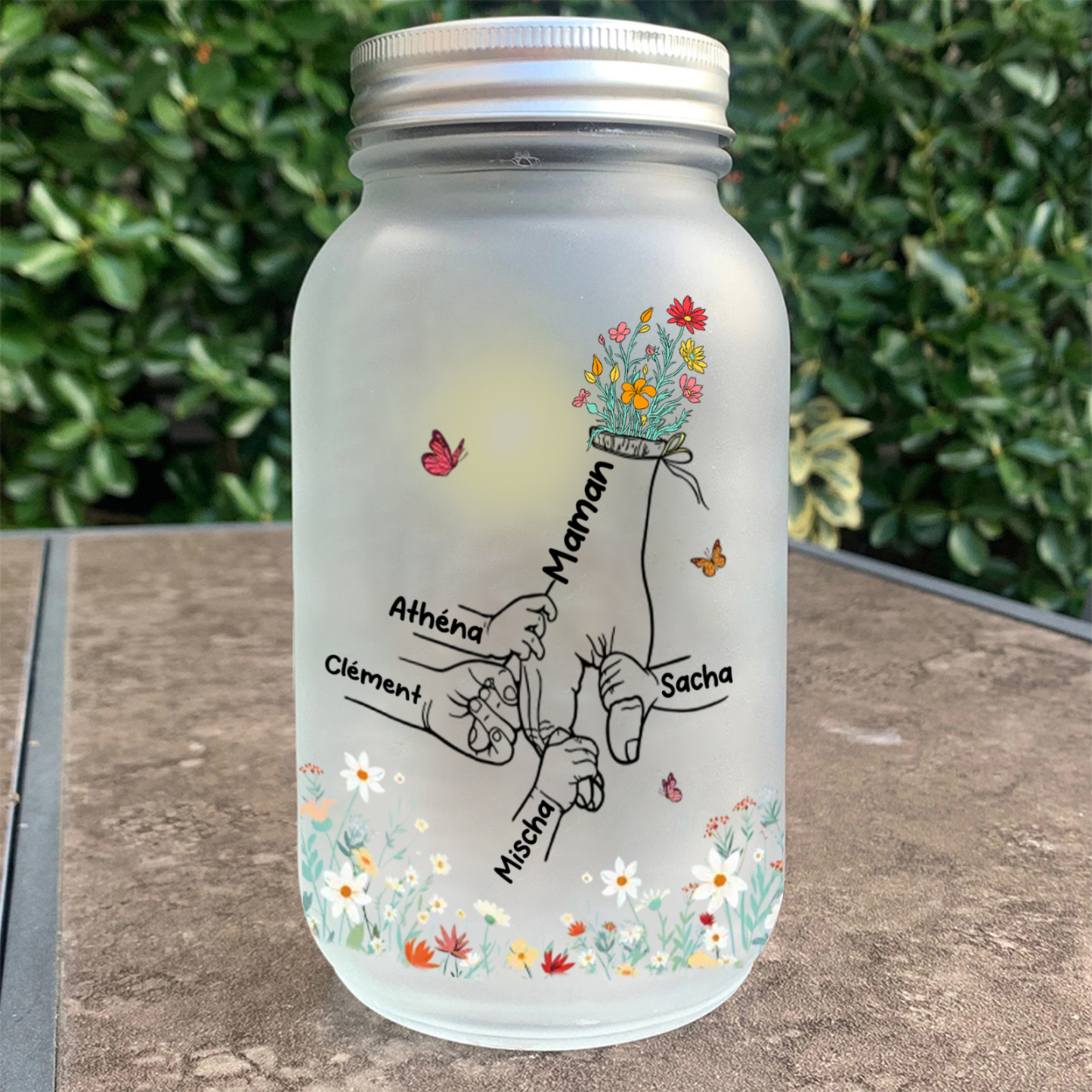 Bouteille Lumineuse Solaire Personnalisé la Main dans la Main Bocal en verre pour Maman