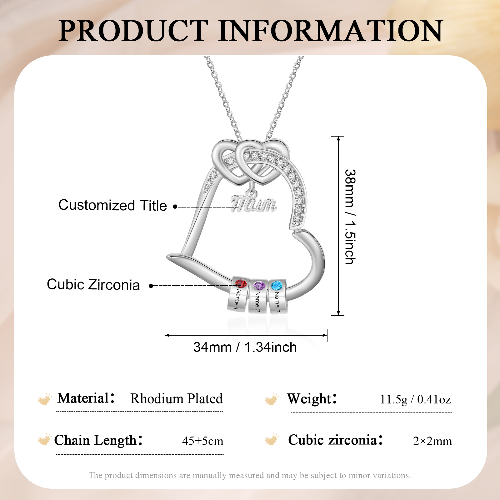Collier Maman Double Cœur Personnalisé avec 1 à 5 Prénoms et Pierres de naissance