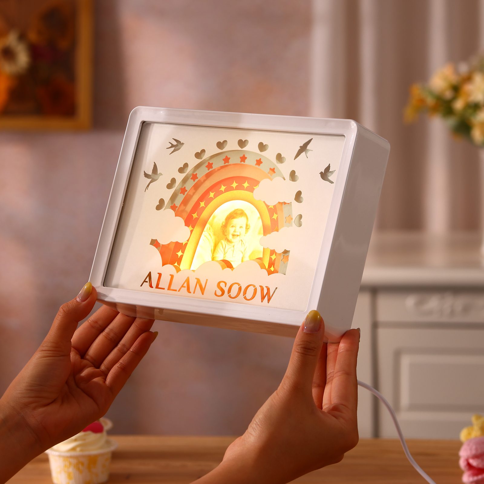 Cadre Photo Lumineux 3D en Papier Découpé Arc-en-ciel pour Enfant