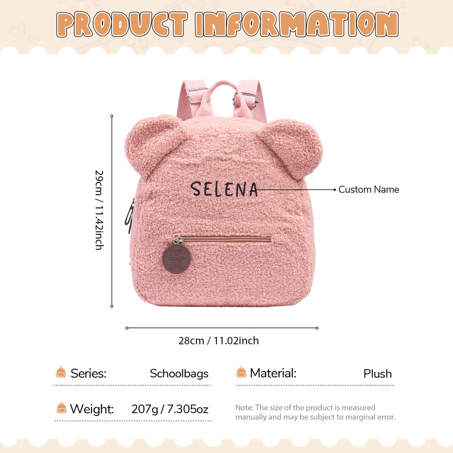 Cartable Sac à Dos Peluche pour Enfant 1 Prénom Personnalisé Sac 