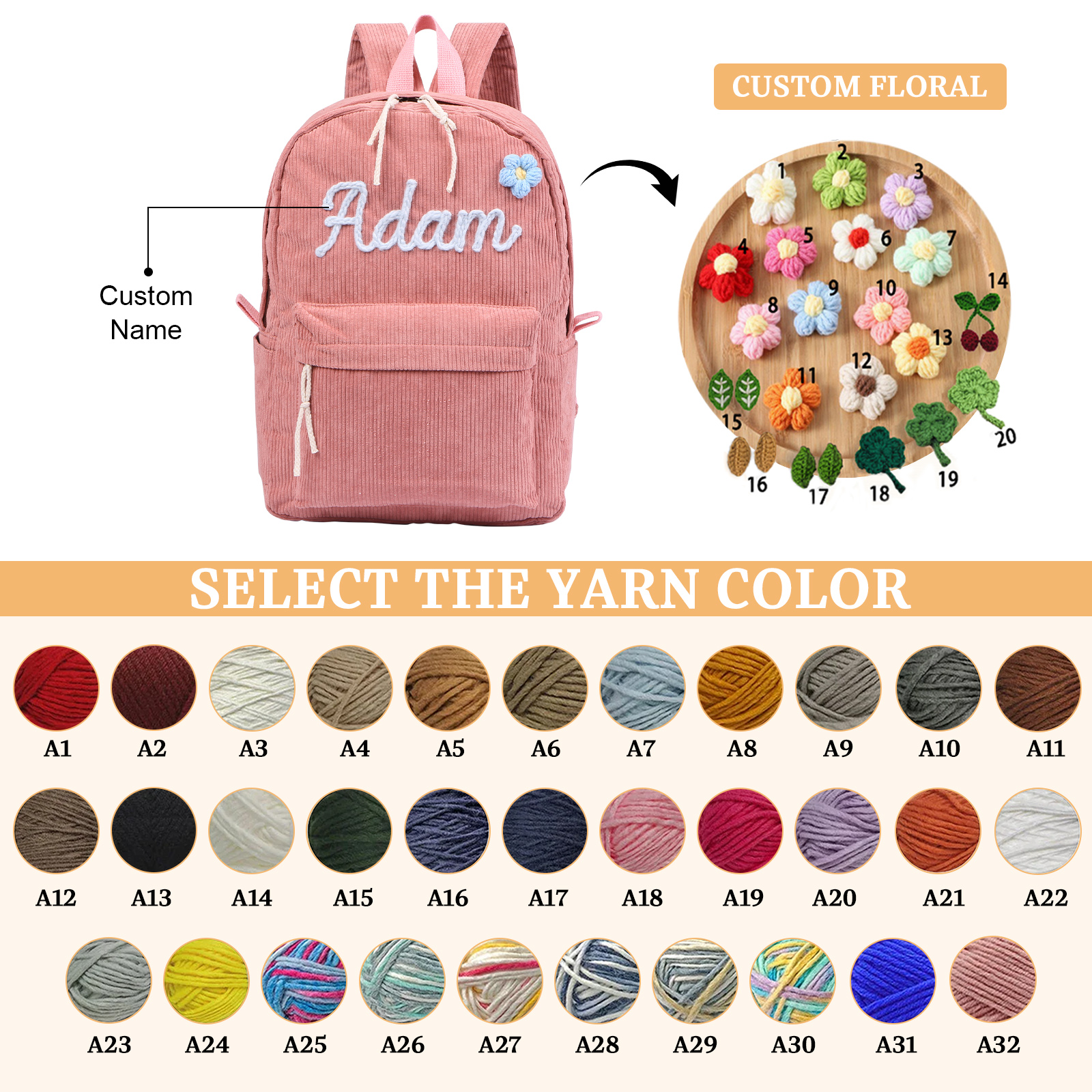 Cartable à Dos en Velours Personnalisé avec 1 Prénom Sac à Dos pour Enfant | Jessemade