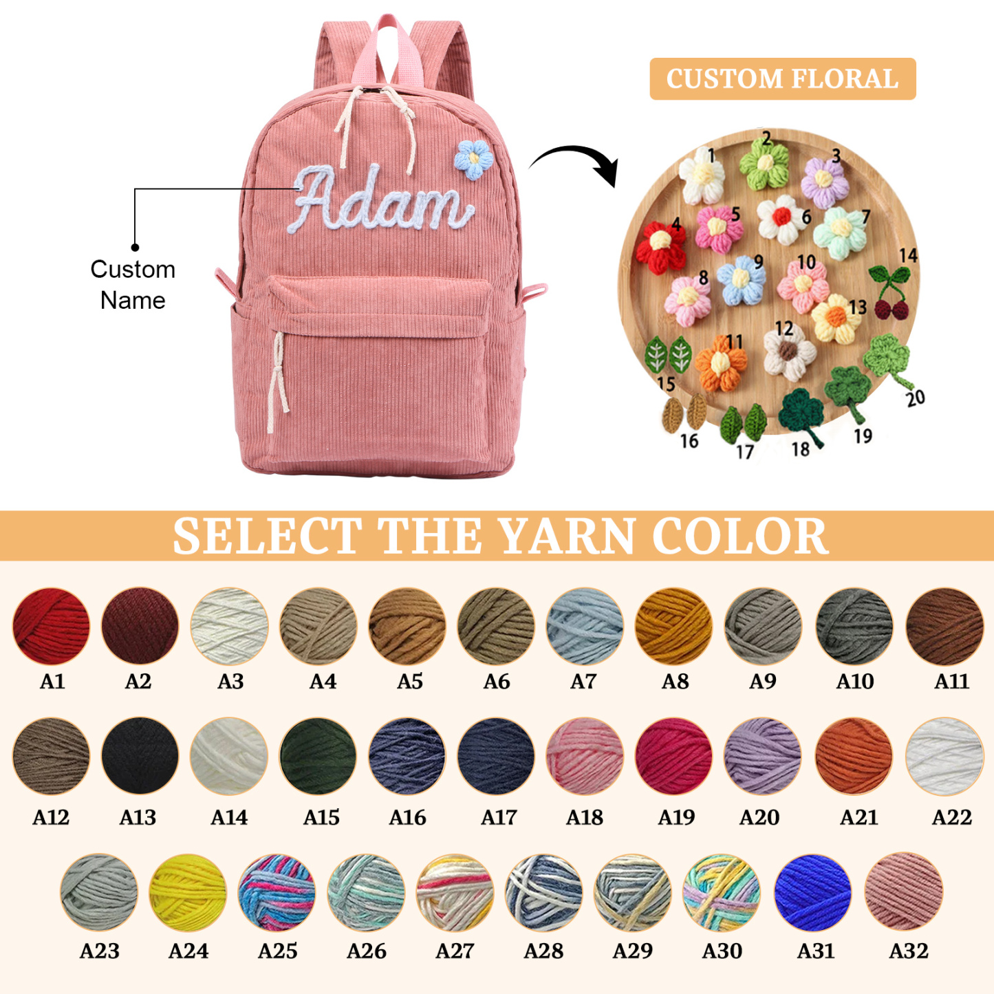 Cartable à Dos en Velours Personnalisé avec 1 Prénom Sac à Dos pour Enfant | Jessemade