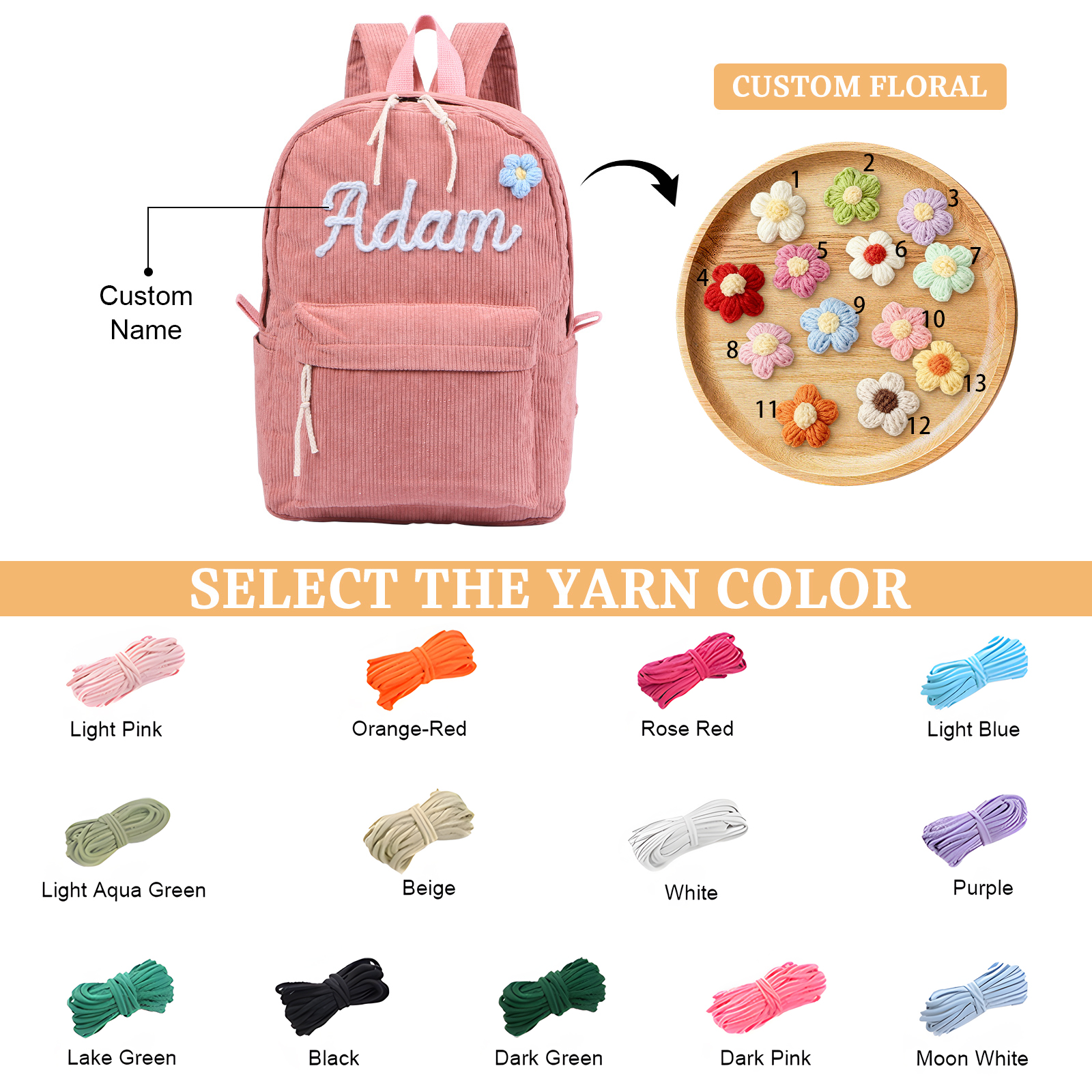 Cartable à Dos en Velours Personnalisé avec 1 Prénom Sac à Dos pour Enfant | Jessemade