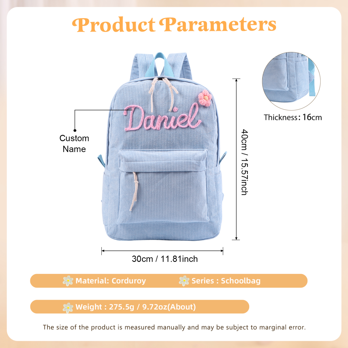 Cartable à Dos en Velours Personnalisé avec 1 Prénom Sac à Dos pour Enfant | Jessemade