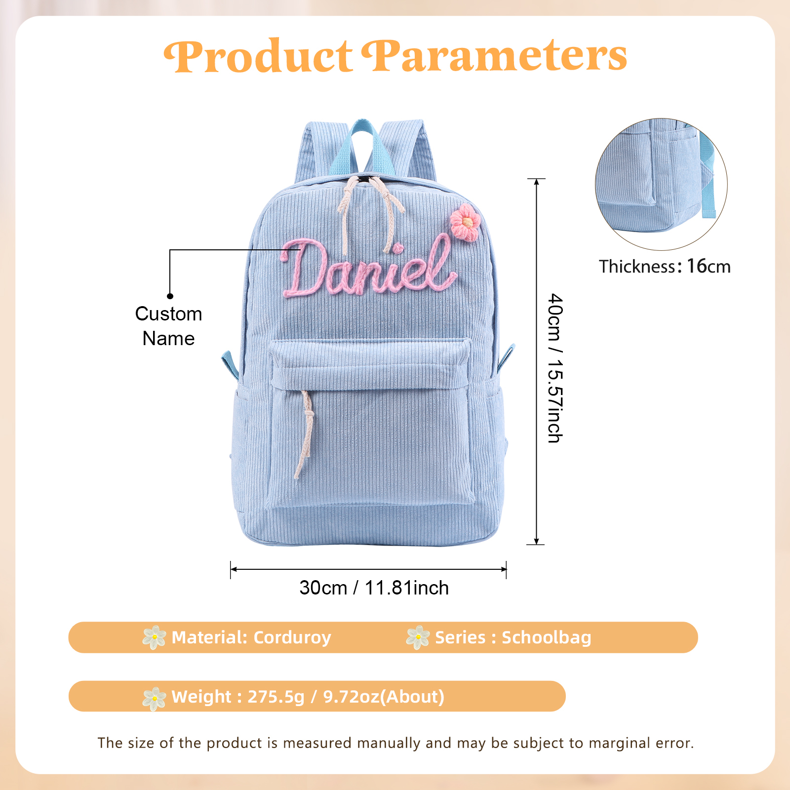 Cartable à Dos en Velours Personnalisé avec 1 Prénom Sac à Dos pour Enfant | Jessemade