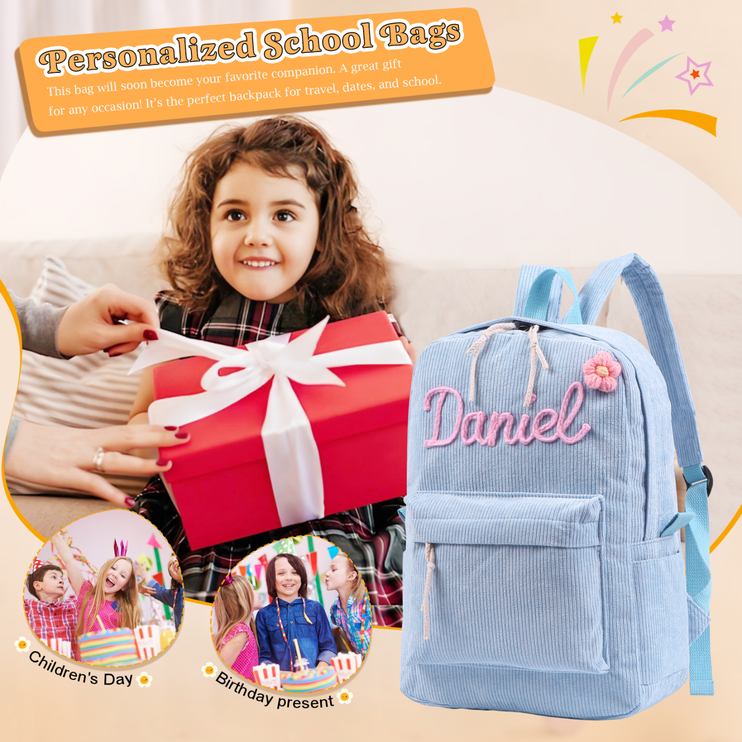 Cartable à Dos en Velours Personnalisé avec 1 Prénom Sac à Dos pour Enfant | Jessemade