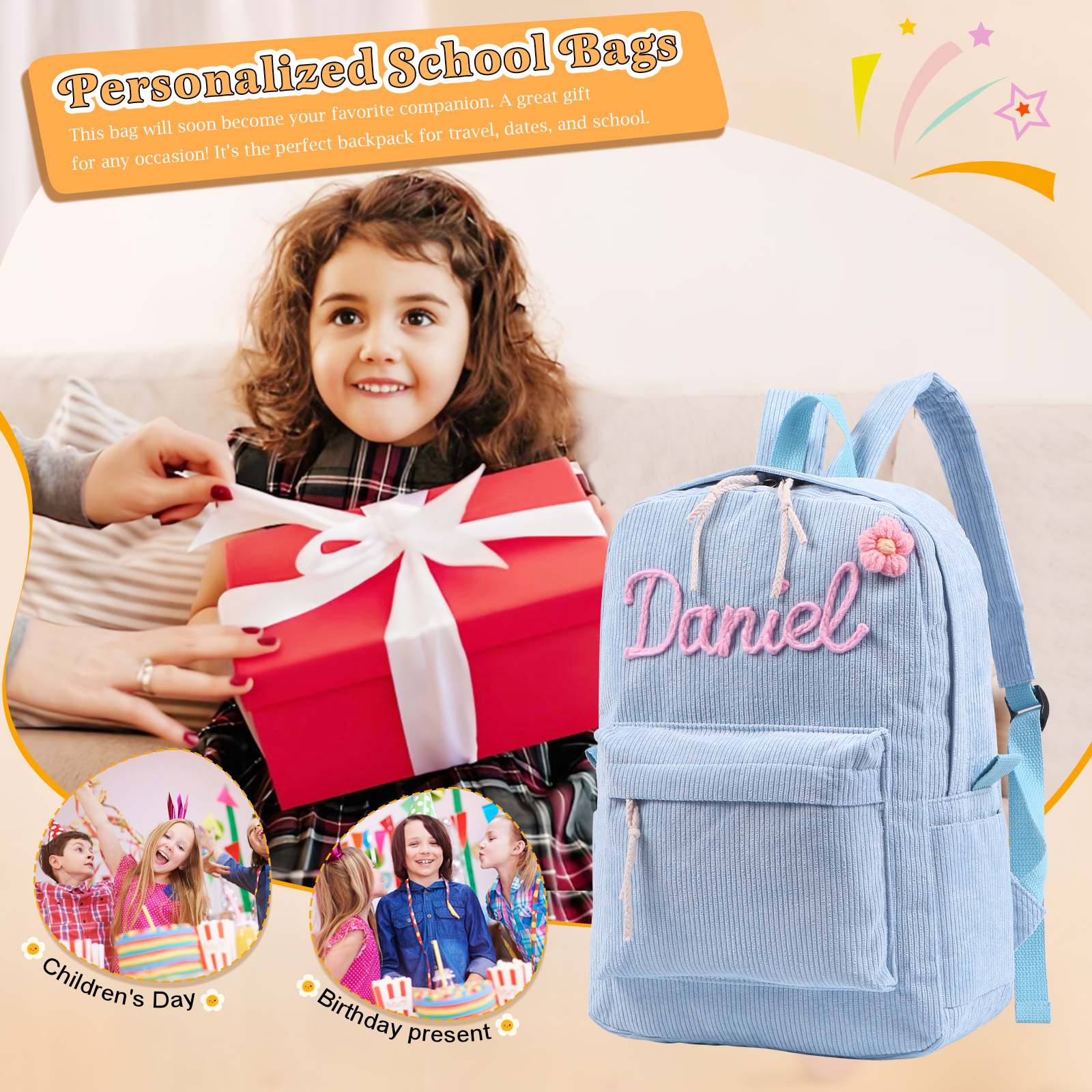 Cartable à Dos en Velours Personnalisé avec 1 Prénom Sac à Dos pour Enfant | Jessemade