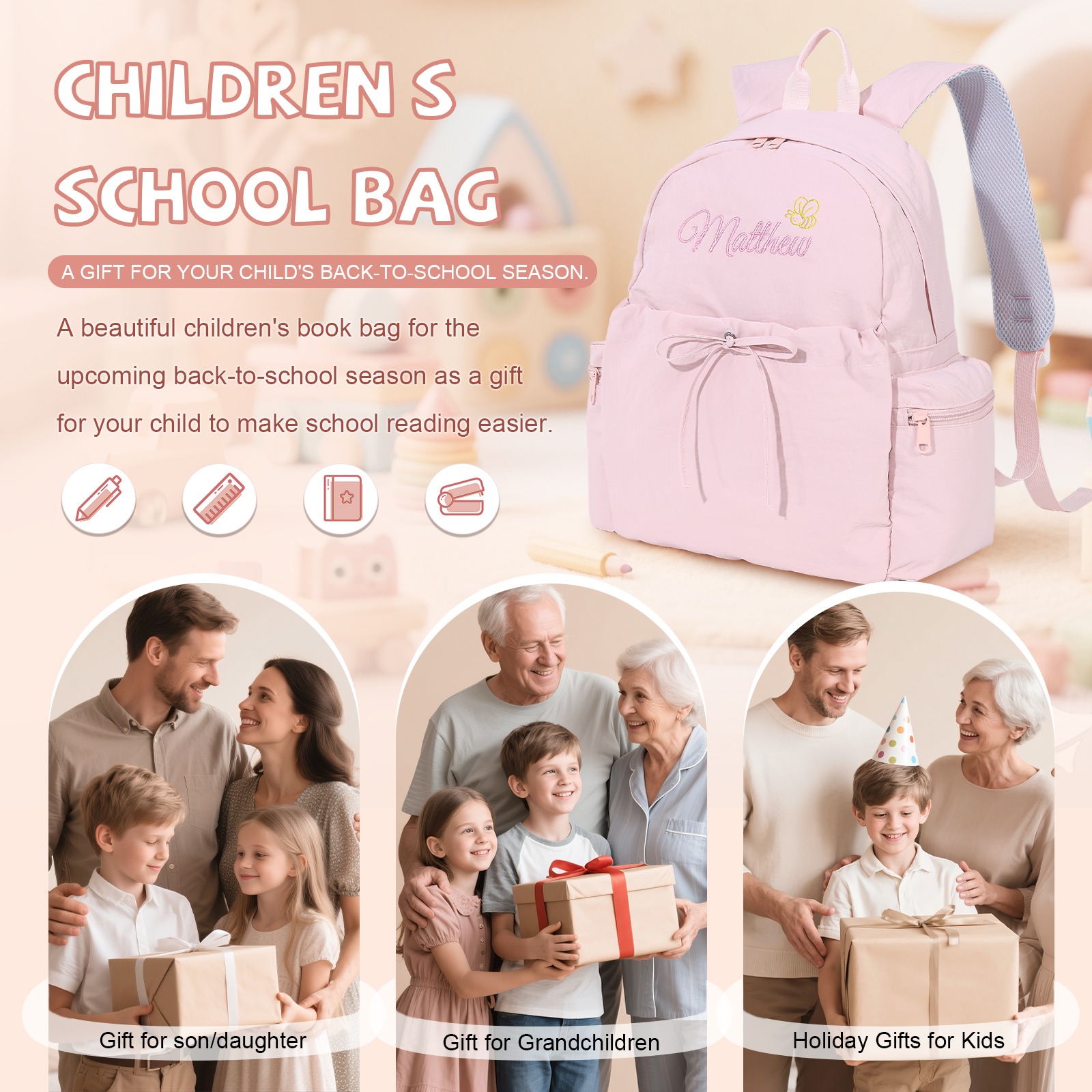 Sac à dos Personnalisable avec 1 Prénom, Motif et Choix de Couleur du Nom | Jessemade