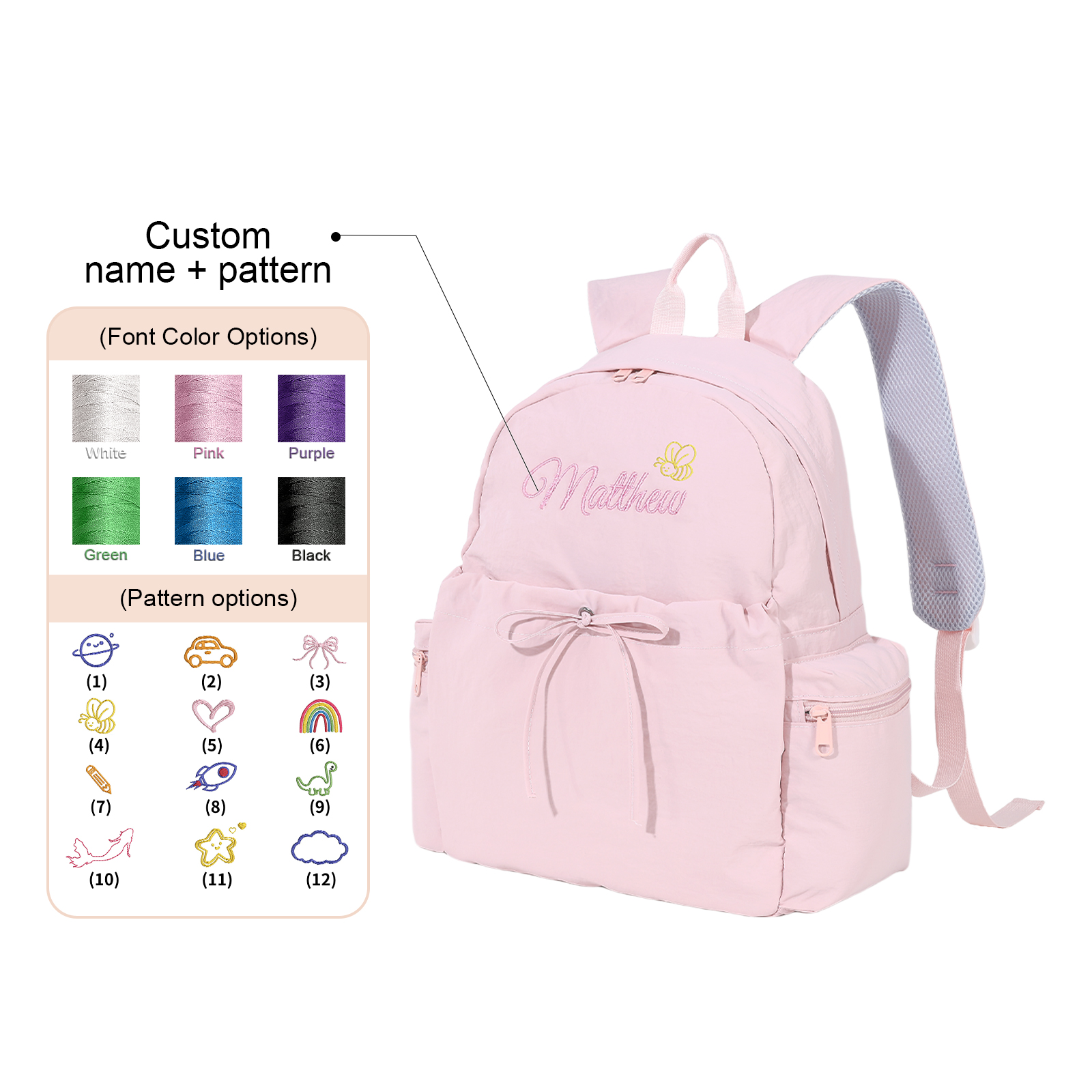 Sac à dos Personnalisable avec 1 Prénom, Motif et Choix de Couleur du Nom | Jessemade