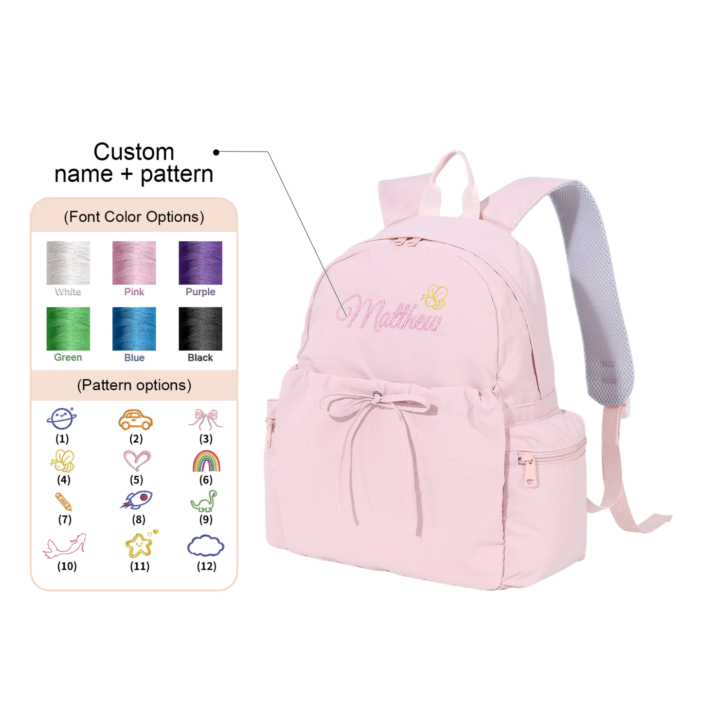 Sac à dos Personnalisable avec 1 Prénom, Motif et Choix de Couleur du Nom | Jessemade