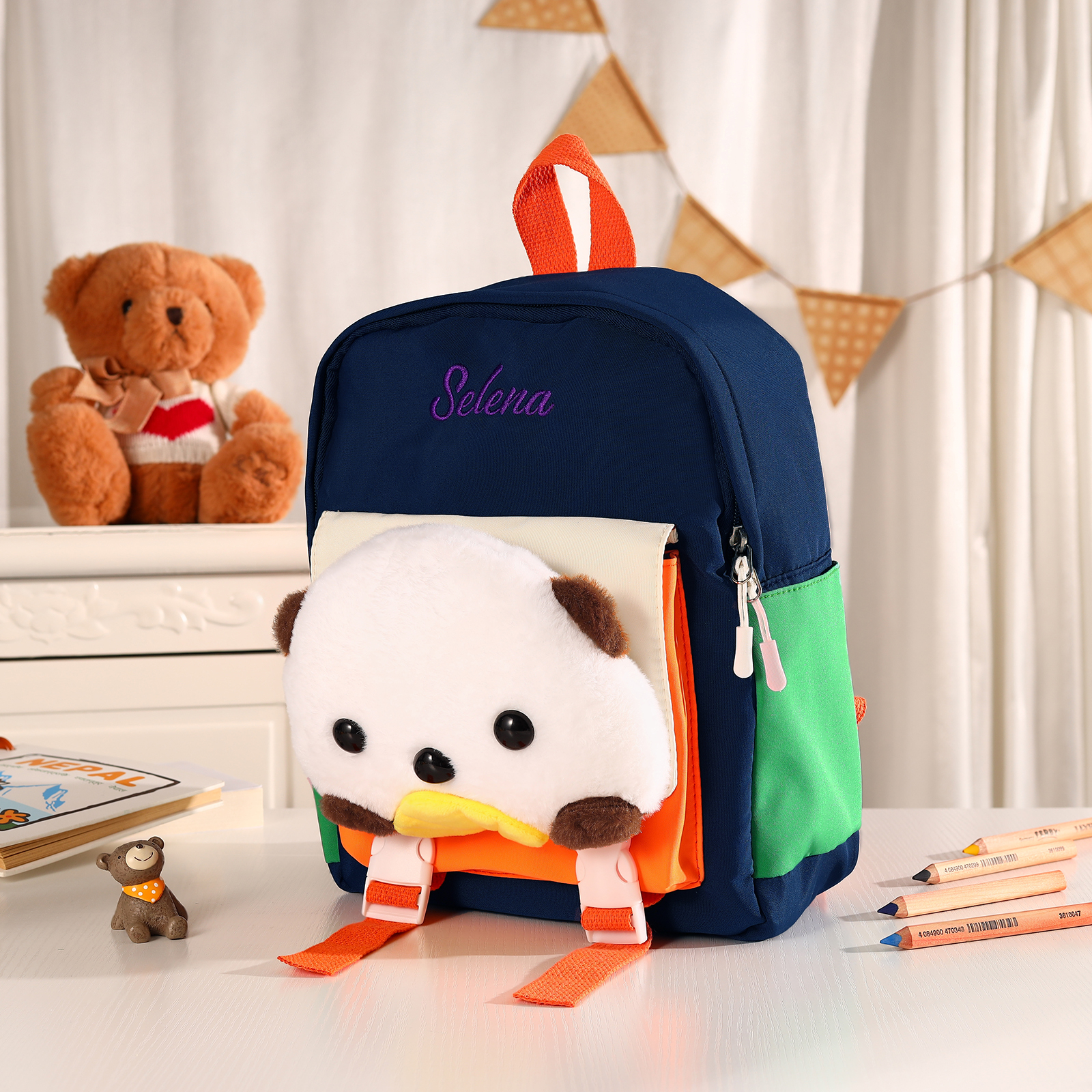 Sac à dos Enfant avec Peluche Ours, Personnalisable avec 1 Prénom et Choix de Couleur du Nom | Jessemade