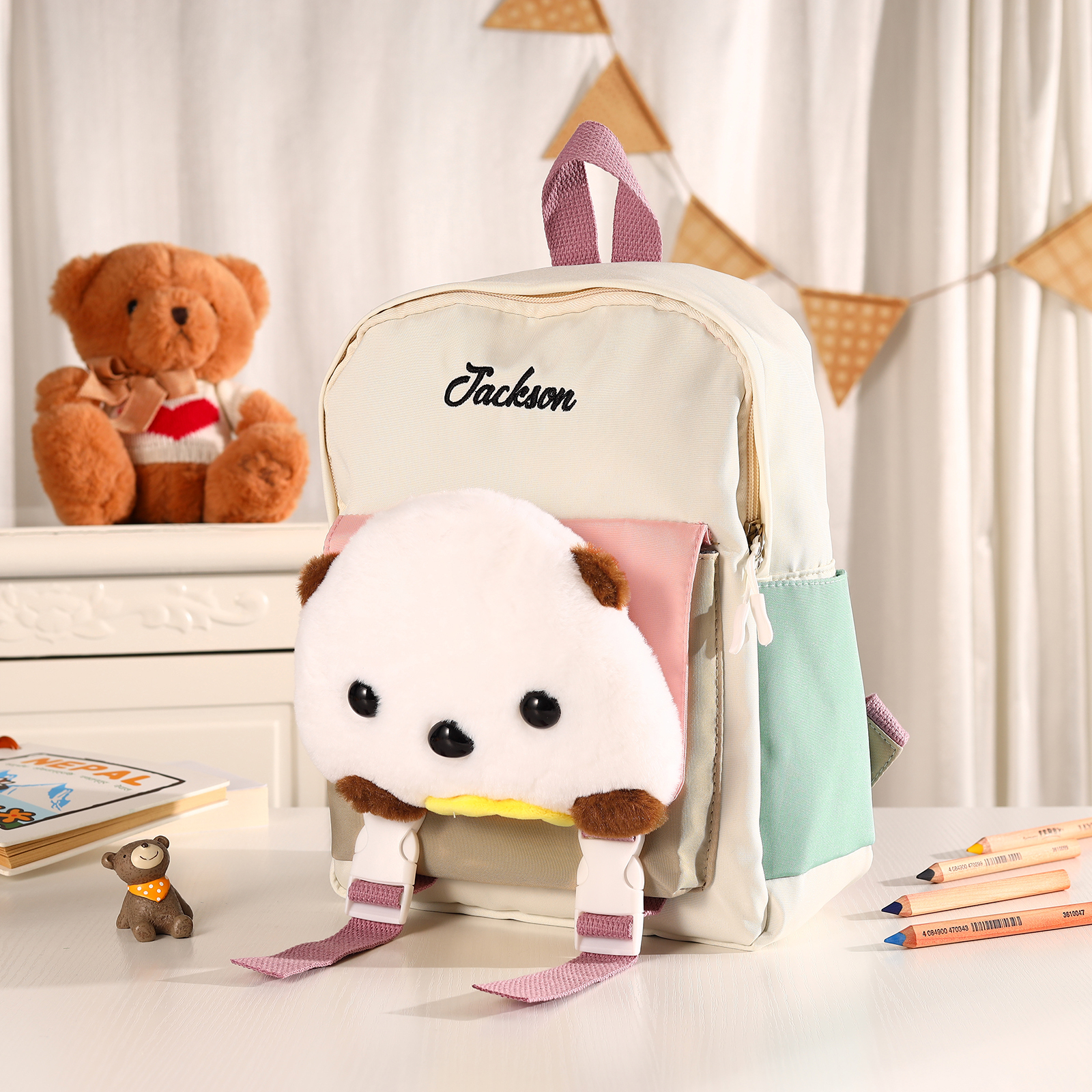 Sac à dos Enfant avec Peluche Ours, Personnalisable avec 1 Prénom et Choix de Couleur du Nom | Jessemade