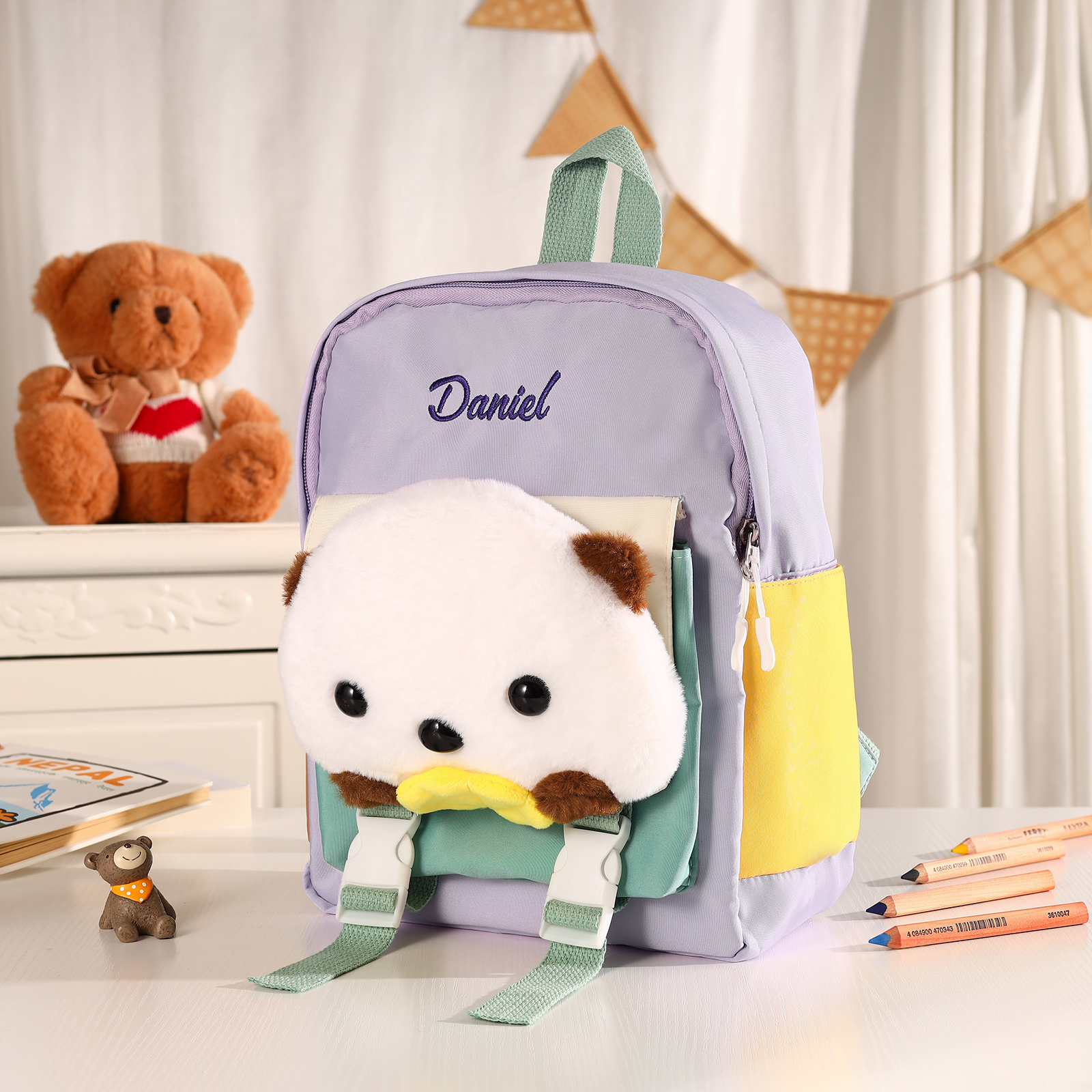 Sac à dos Enfant avec Peluche Ours, Personnalisable avec 1 Prénom et Choix de Couleur du Nom | Jessemade