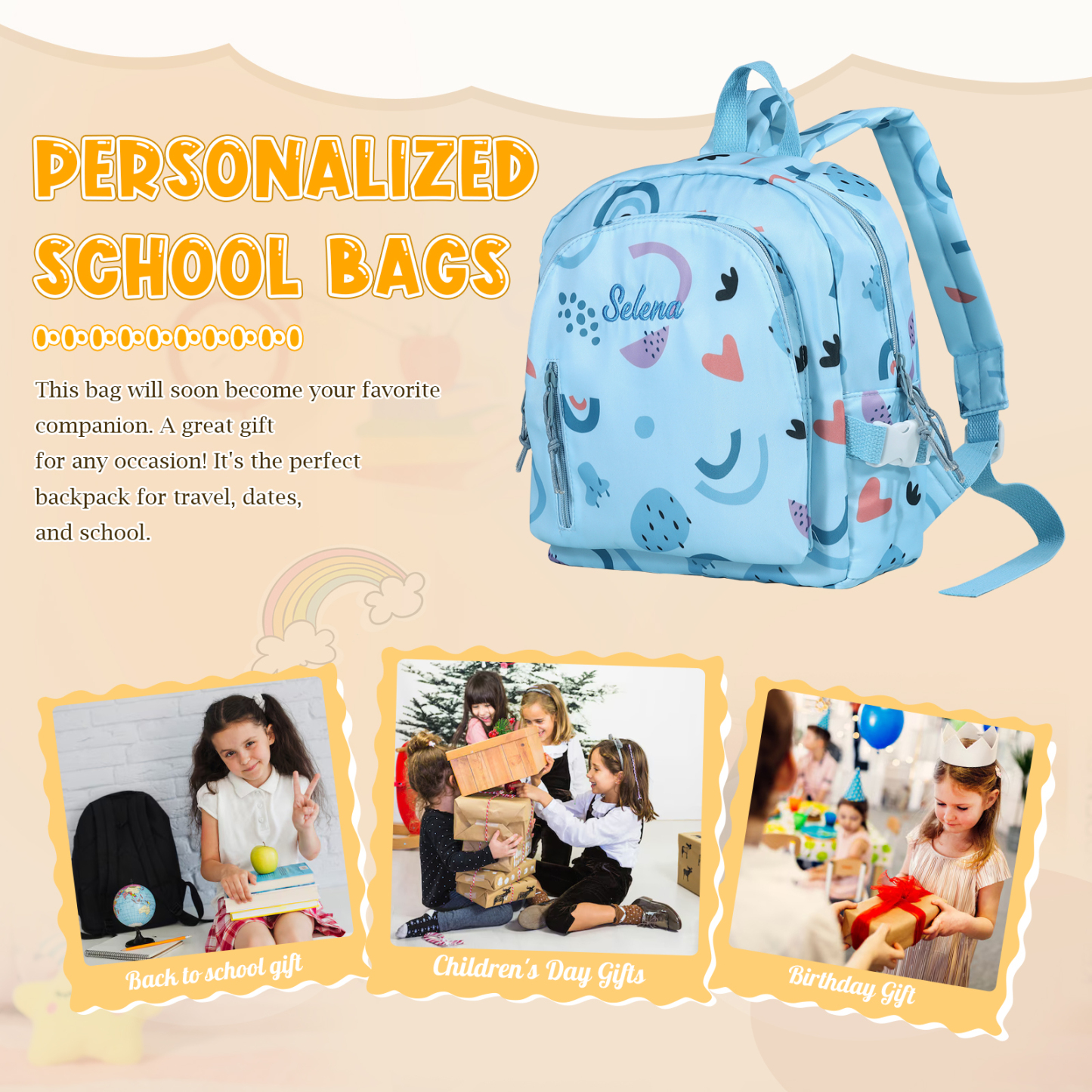 Sac à dos Enfant Personnalisable avec 1 Prénom brodé et Choix de Couleur du Nom | Jessemade