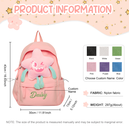 Sac à dos Enfant avec étoile Peluche, Personnalisable avec 1 Prénom et Choix de Couleur du Nom | Jessemade