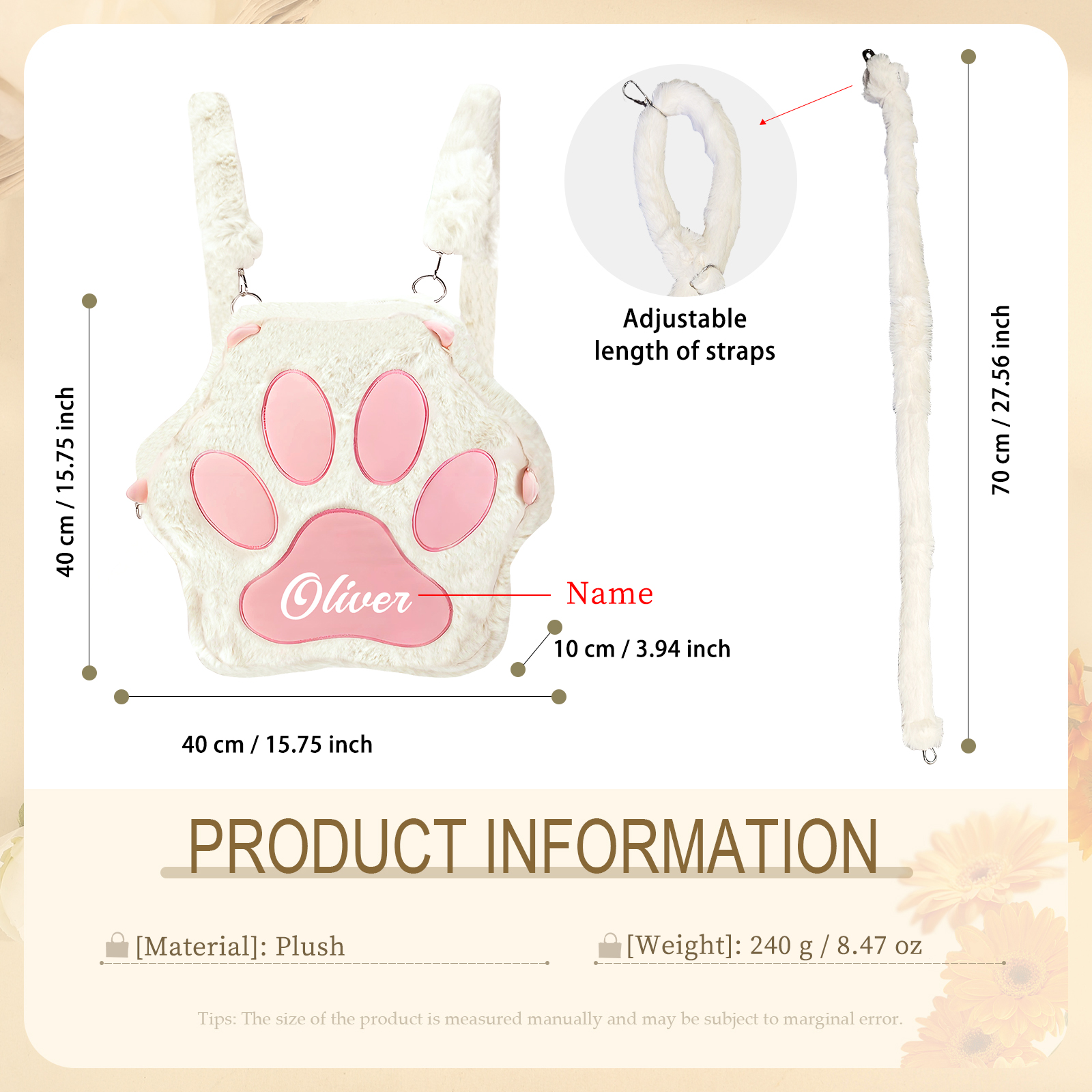 Sac à dos Enfant avec Peluche Patte, Personnalisable avec 1 Prénom et Choix de Couleur du Nom | Jessemade