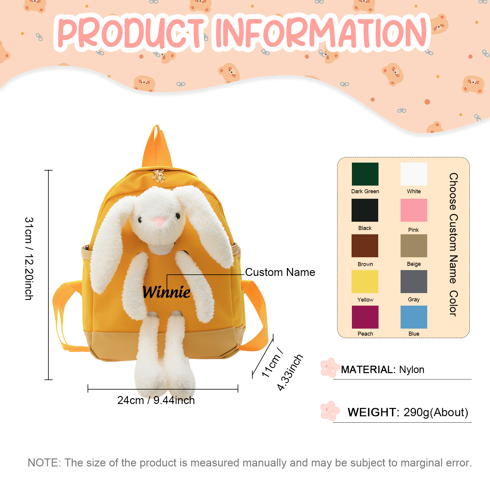 Sac à dos Enfant avec Peluche Lapin, Personnalisable avec 1 Prénom et Choix de Couleur du Nom | Jessemade