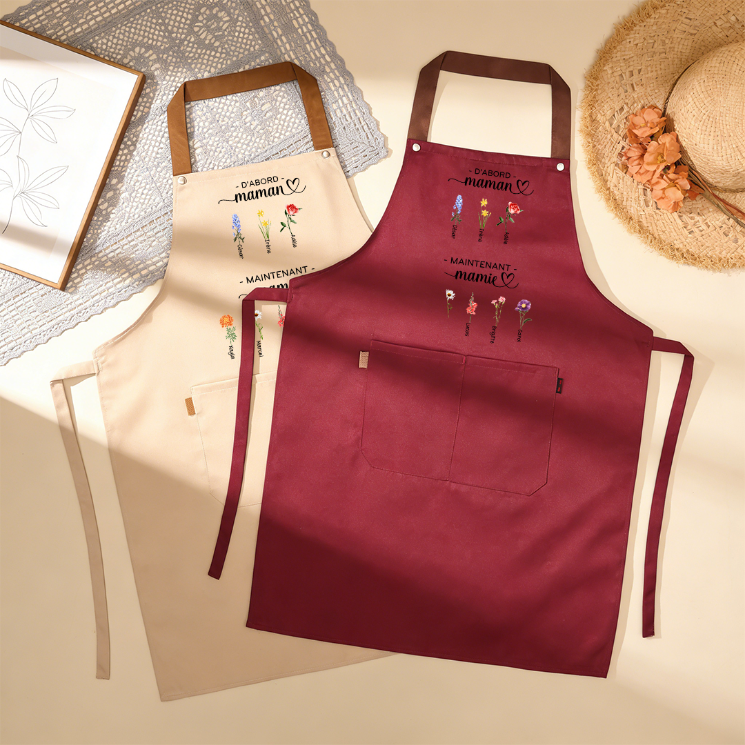 Tablier Personnalisé « D’abord Maman, Maintenant Mamie » avec prénoms et fleurs de naissance