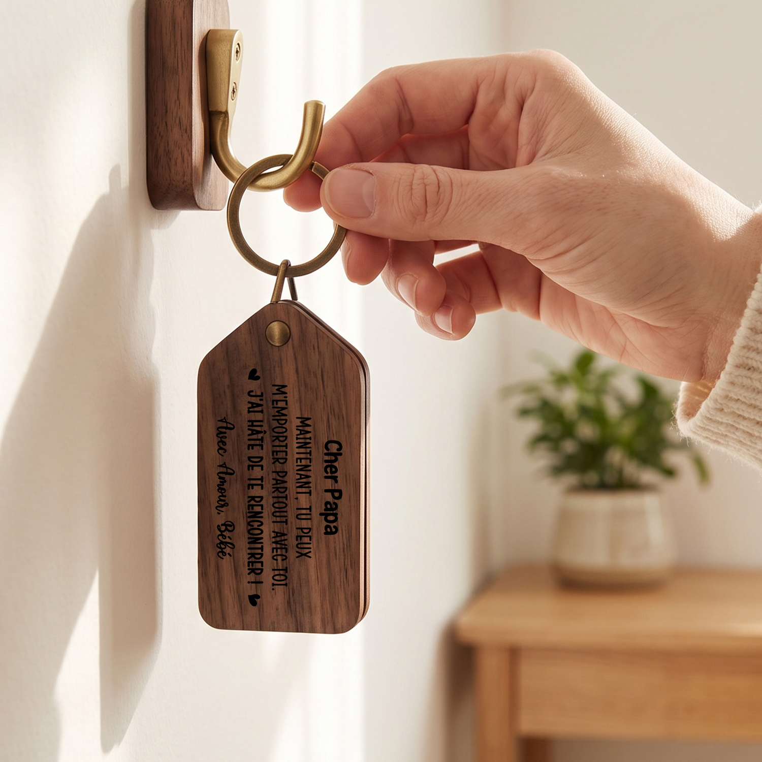 Porte-Clés Photo Personnalisé en Bois pour Nouveaux Papa et Maman