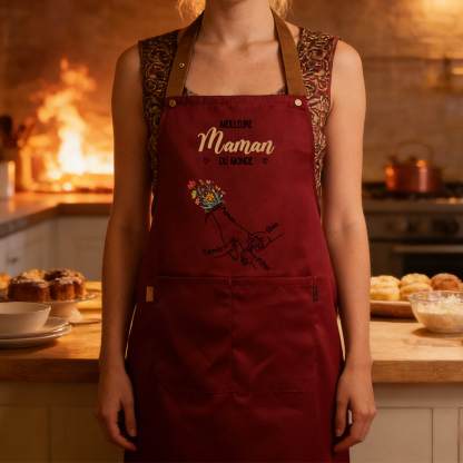 Tablier de Cuisine Personnalisé avec motif de mains et 2 à 7 Prénoms, cadeau pour Maman ou Mamie